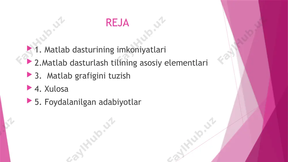 zgartirish va yaratilgan hususiy funksiyalarni qo’shish mumkin.matlab tizimi bilan keng tarqalgan matematik tizimlar (mathcad , maple, va mathemati )integrallashuvi mumkin. natijada “jonli”electron kitoblarni tayyorlash mumkin. matlab dasturlash tilining asosiy elementlari interfaol seans.m-fayllar . interfaol rejim maxsus rejim keraklar va iboralar klavyaturasidan kirish,ular natijasida o’rnatilgan raqamli natijalar olindi,bu o’rnatilgan va tez tasavvur qilish mumkin bo’lgan grafik vositalar matlab paketi .m-fayl muharririda ishlash , agar siz ko’p jamoalarni kirib, ularni tez-tez almashtirishingiz kerak bo’lsa qiyinlashadi bunda eng qulay usul –foydalanish m .matlab bate matlab menyusini va yangini oching , m-band ni tanlang . yangi fayl muharrir oynasi ochiladi, m-fayl.jamoalar – bu buyruqlar oynasi (“buyruq tarixida “)bo’lgan oyna .ish maydoni –matlab ning xotira maydoni ,unda tizim o’zgaruvchilar joylashtirilgan. ish maydonini saqlash va boshqarish uchun siz yuklash va saqlash buyruqlaridan foydalanishingiz mumkin. matlab grafigini tuzish. ikki o’zgaruvchining funksiyalari grafiklari funksiyalar sohalarini osgan sitr qismlaridir. demak , ikkita o’zgaruvchining funksiyalari grafiklarini ko’rsatish kompyutrening tekis display …