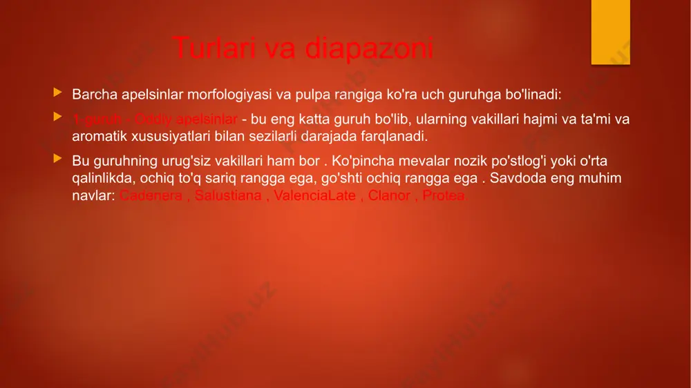 lumotni o'zingiz toping. xulosa ko'pgina subtropik mevalar (anor, anjir, xurmo, feyxoa) o'rtacha yoki past suvga ega . anor, xurmo va ayniqsa anjirning shakar miqdori o'rtachadan yuqorigacha . asosiy shakar glyukoza va fruktoza. boshqa uglevodlardan kraxmal topilgan (anjirda), tola ham bor . subtropik mevalarning ko'p turlari past kislotalikka ega . faqatgina istisnolar - anor (yuqori kislotalilik bilan) va feyxoa (o'rtacha kislotali). barcha turlarda ustunlik qiluvchi kislota limon kislotasi , olma kislotasi kamroq miqdorda mavjud. pektin moddalarining tarkibiga ko'ra , faqat feyxoa ajralib turadi. taninlarda juda ko'p . rang beruvchi moddalar asosan antosiyaninlar (anor, anjir), karotinoidlar bilan ifodalanadi. (xurmo), xlorofill (feyxoa). ularning s vitamini miqdori o'rtacha (xurmo va feyxoa) yoki past. karotin va b vitaminlari oz miqdorda topilgan. foydalanilgan adabiyotlar. 1.entomologiya (h.kimsanboyev, s.ergashev, r.olmasboyeva, b.sulaymonova) 2.х.x. kimsanboyev, b.a. sulaymonov, a.r. anorbayev, a.a. rustamov entomologiya va fitopotologiya image6.jpeg image7.png image8.jpeg image9.jpeg image10.jpeg image11.jpeg image12.jpeg image13.jpeg image14.jpeg image15.jpeg image16.png image17.png image18.png image2.png image3.png image4.png …