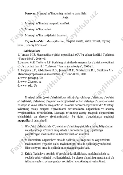mustaqil ta’lim, uning turlari va bajarilishi — PDF