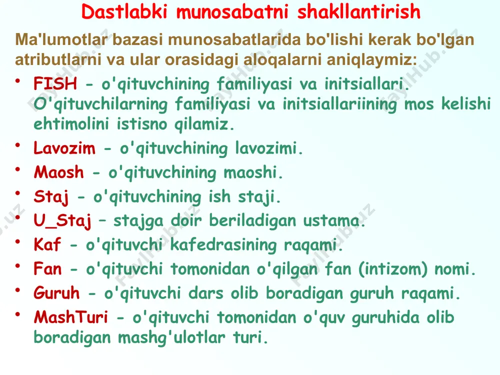 fish lavozim u_staj kaf aliyev a.n. o’qituvchi 100 25 valiyev n.n. katta o’qituvchi 100 25 doliyev n.n. o’qituvchi 150 25 salimov s.f. o’qituvchi 100 24 fish fan guruh mashturi aliyev a.n. mb 256 amaliy aliyev a.n. c++ 123 amaliy valiyev n.n. mb 256 ma’ruza valiyev n.n. ot 256 amaliy doliyev n.n. c++ 123 ma’ruza doliyev n.n. ot 256 ma’ruza salimov s.f. shk 244 ma’ruza lavozim maosh o’qituvchi 500 katta o’qituvchi 800 staj u_staj 5 100 7 100 10 150 loyihalash natijasi quyidagi jadvallardan iborat ma'lumotlar bazasi: r1, r3, r4, r5. boys-kodd normal shakli amaliyotda, munosabatlar sxemalarining 3nf ni qurish ko'p hollarda etarli bo'ladi va relyatsion ma'lumotlar bazasini loyihalash jarayoni ularga olib kelish bilan yakunlanadi. agar munosabat tarkibiy kalitning atributlari kalit bo'lmagan atributlarga bog'liq bo'lsa, u holda kuchaytirilgan 3nf ga o'tish kerak. boys-kodd normal shakli (kuchaytirilgan 3nf ) kuchaytirilgan 3nf yoki boys-kodd normal shakli (bcnf). munosabat bknfda bo'ladi, agar u 3nfda …