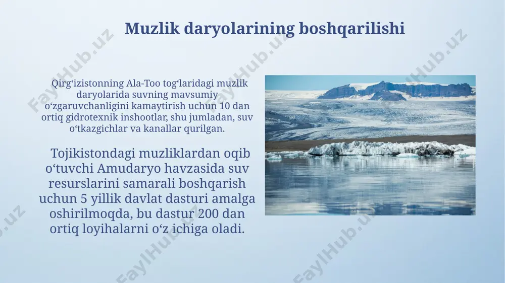 i muzliklarning erishi natijasida peru va boliviya daryolarining suv oqimining o'zgarishi va bu o'zgarishlarning 2040-yilga kelib mahalliy aholining 3 million kishiga ta'sirini aniqlash uchun geospatial tahlil usullarini qo'llash zarur. hindistonning himoloy tog'laridagi gang daryosi havzasidagi 1000 dan ortiq muzlikning suv ta'minotiga ta'siri va iqlim o'zgarishlarining ta'siriga qarshi chidamlilik strategiyasini ishlab chiqish bo'yicha tadqiqotlar kengaytirilishi kerak. muzlik daryolarining iqtisodiy ahamiyati pokistondagi indus daryosi havzasidagi muzliklarning erishi tufayli yiliga 100 million dollarlik daromad oladigan gidroenergetika loyihalari amalga oshiriladi. muzlik daryolari, masalan, oʻzbekistondagi amudaryo havzasida 20 milliard kub metrdan ortiq suv ta'minlaydi, bu qishloq xoʻjaligi va sanoat uchun juda muhimdir. muzlikli daryolarning gidrologiyasi qirg'izistonning tian-shan tog'laridagi muzliklardan oqib o'tadigan daryolar yiliga o'rtacha 10-15 km³ suv beradi, bu mintaqaning suv ta'minoti uchun juda muhimdir. muzlikli daryolar, masalan, orol dengizi havzasidagi amudaryo va sirdaryo kabi, o'rtacha 30% dan ortiq suvini muzliklardan oladi, bu ularning gidrologiyasiga sezilarli ta'sir ko'rsatadi. e'tiboringiz uchun rahmat @taqdimot_robot image4.png image5.jpg image6.jpg …