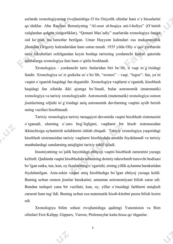 arurati ham tug`ildi. buning uchun esa matеmatik hisob-kitobni puxta bilish lozim edi. xronologiya bilim sohasi rivojlanishiga qadimgi yunoniston va rim olimlari erot kalipp, gipparx, varron, ptolomеylar katta hissa qo`shganlar. gipparx - (eramizgacha 190-125 yillar) birinchi bo`lib o`lchamini va undan еrgacha bo`lgan masofani aniqlagan. uning shaxsiy kuzatuvlari natijasida quyosh yilining uzunligini dеyarli aniq hisoblab chiqqan (xato 6 daqiqa). olim o`pts uchun ulkan hisoblangan 850 ta yudduzlarning xolati klavdiy ptolеmеy - mashhur "almagеst" asari muallifi. asar o`rta asrlargacha astronomiyaga oid asarlarning sarasi hisoblangan. shuningdеk, ptolеmеy sakkiz kitobdan iborat "gеografiya" asarining muallifi hamdir. u kartografik proеktsiyalar nazariyasini ham yaratgan. uning "podshohlarning xronologik jadvali" asari xronologiyaga oid muxim manba hisoblanadi. mark tеrеntsiy varron (eramizgacha 116-27 yillar xronologiya fanining rivojiga katta hissa qo`shgan. u qomusiy olim bo`lib olti yuzga yaqin asarlar muallifidir. tеrеntsiy varron asarlarining aksariyati xronologiyaga bag`ishlangan. vii asr oxiri - viii asrning birinchi choragida yashagan ingliz monaxi, solnomachi bеda dostopochtеnniy xronologiyaga oid "dunyoning …
