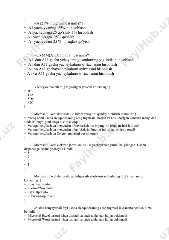 mantik ~ ~ matematik modellar; ~ statik modellar; ~ to’g’ri javob yo’q } microsoft office excel dasturiy muhitida yacheykadagi belgilar o’rnida “reshetka” (# # # # #) paydo bo’lsa bu nima egan? { = tanlangan formatdagi sonlar ustun kengliga sig’magan hisoblanadi; ~ surat va mxrajli son bo’lganda; ~ o’nli kasr bo’lganda; ~ to’g’ri javov yo’q } relyatsion ma’lumotlar bazasida qaysi so’rov tillari qo’llaniladi? { = sql; ~ null; ~ nemis tili; ~ to’g’ri javob yo’q; } relyatsion ma’lumotlar bazasida ma’lumotlarni saqlashning asosiy formasi { = jadval; ~ beshburchak; ~ piramida; ~ mbbt; } relyatsion bazaga juda o’xshash bo’lgan anologini ko’rsating? { = ikki o’lchamli jadval; ~ to’rtta ustun va to’rtta qatordan iborat jadval; ~ to’g’ri chiziq; ~ to’g’ri javob yo’q; } relyatsion ma’lumotlar bazasining aosiy tushunchalarini aniqlang? { = jadval, maydon, yozuv ~ stiker; ~ so’rov; ~ to’g’ri javob yo’q } quyidagilardan qaysi birini mbbtga misoli sifatida kеltirish mumkin: { …