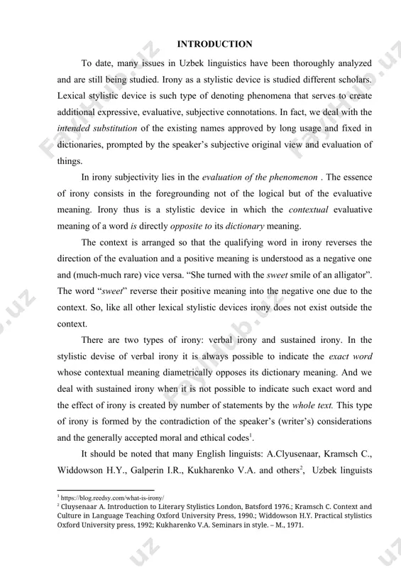 ecognized stylistic device (sd), the nature of which is not fully studied. this device is also based on the simultaneous realization of two logical meanings – dictionary and contextual ones, but the two meaning stand in opposition to each other. that is, a word with a positive meaning is used to denote something negative and vice versa. according to efimov’s book from stylistic irony is classified as lexico-semantic stylistic devices and is the figure of substitution and in additional the figures of quality as a kind of figure of substitution. this figure of quality is realized when the speaker intentionally hunks the principle of sincerity of speech. ironically used words acquire meanings opposite to their primary language meanings: ironical good means bad, enough means not enough, pleased means displeased, etc. though irony is a con-textual stylistic device, there exist words and word-combinations which convey ironical meaning out of context: too …