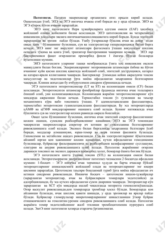 a ete ingichka ichakka etib boradi va u erda ko'payadi. eie va ege ko'proq yo'g'on ichakni zararlaydi. epe ning patogenligi nerv hujayralariga adgeziya omili (eaf) hisobiga joylashib olishi qobiliyati bilan asoslanadi. epe tsitotoksiklik va chegaralangan invazivlik xossalari evaziga ingichkaichakshilliqqavatiga kirib boradi. bunda epiteliy zararlanadi va eroziya paydo bo'ladi. ushbu o'zgarishlar bo'shliq ichki va devor oldi ovqat hazm bo'lishining buzilishi, suv va elektrolitlar gipersekretsiyasi bilan birga kechadi. epe ning eng virulent shtamplari fagosomaga o'xshash vakuoladan shilliq ostidagi to'qima va qonga o'tib, tranzitor bakteremiyani chaqirishi mumkin. epe lar bakteriemiyasi faqat og'irlashgan premorbid fonli 1 yoshgacha bo'lgan bolalarda kuzatilishi mumkin. eie patogenligi ularning tashqi membranasida o'ziga xos invazivlik oqsili mavjudligi bilan bog'liq. esherixiyalarning enteroinvaziv shtammlari yonbosh va yo'g'on ichakning quyi qismi shilliq qavatida joylashib olib, epiteliy destruktsiyasi, kataral va kataral-yarali yallig'lanish chaqiradi. bakteriyalar o'limidan keyin ajraluvchi toksik mahsulotlar va endotoksinlar o'rta miyona ifodalangan zaharlanish belgilarini chaqiradi. klinik jihatdan bu ichburug'simon sindrom ko'rinishida kechadi. …