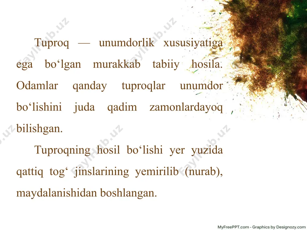 ning hosil bo‘lish jarayoniga yana iqlim sharoiti (issiqlik, namlik), relyef va tog‘ jinslarining xususiyatlari ham katta ta’sir ko‘rsatadi. shuning uchun ham turli xil tog‘ jinslari ustida va har xil iqlim sharoitida turli xil tuproqlar tarkib topadi. tuproqlarning ona jinsi (noorganik tarkibi — mayda tog‘ jinslari) katta-kichikligi turlicha bo‘lgan zarralardan iborat bo‘ladi. bularning hammasi birgalikda tuproqning mexanik tarkibi deyiladi. tuproqlar mexanik tarkibiga ko‘ra gilli tuproq, qumoq tuproq, qumli tuproq, shag‘alli, chag‘ir toshli tuproqlarga bo‘linadi. tuproq tarkibidagi gil va chirindilar bir-biriga yopishib, mayda kesakchalar hosil qiladi. shunday kesakchalar bor tuproqlar donador bo‘lib, unumdorligi oshadi. kesakchasiz tuproqlar mayda zarrali bo‘lib, havo va suvni yaxshi o‘tkazmaydi, chirindilarning minerallarga aylanishi qiyin bo‘ladi. tuproqlarga organik va mineral o‘g‘itlar solish, o‘z vaqtida ishlov berish, sug‘orib turish bilan ularning unumdorligini oshirish mumkin. shunday yo‘llar bilan unumdorligi oshirilgan tuproqlar madaniy tuproqlar deyiladi. o‘rta osiyo vohalarining tuproqlari asrlar davomida haydalib, turli o‘g‘itlar solinib, sug‘orilib, vaqtida sho‘ri yuvilib, ishlov berilib, madaniy …