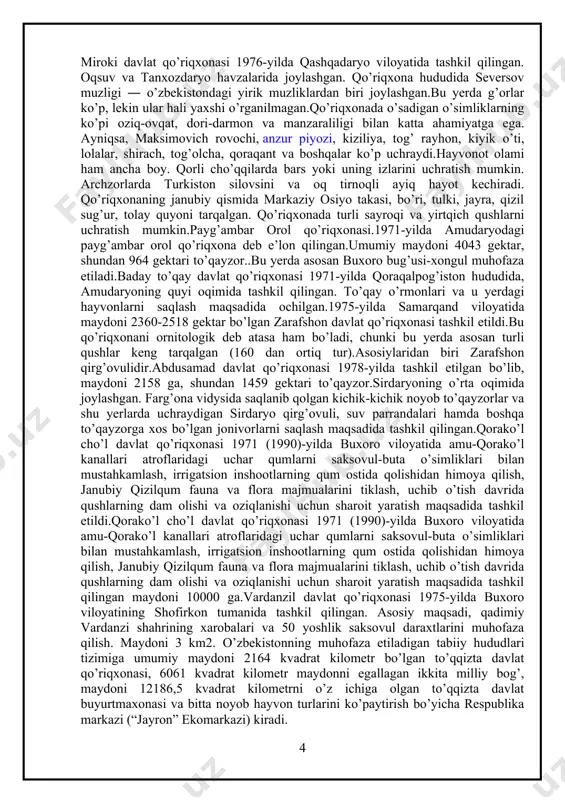 bo’lgan jonivorlarni saqlash maqsadida tashkil qilingan.qorako’l cho’l davlat qo’riqxonasi 1971 (1990)-yilda buxoro viloyatida amu-qorako’l kanallari atroflaridagi uchar qumlarni saksovul-buta o’simliklari bilan mustahkamlash, irrigatsion inshootlarning qum ostida qolishidan himoya qilish, janubiy qizilqum fauna va flora majmualarini tiklash, uchib o’tish davrida qushlarning dam olishi va oziqlanishi uchun sharoit yaratish maqsadida tashkil etildi.qorako’l cho’l davlat qo’riqxonasi 1971 (1990)-yilda buxoro viloyatida amu-qorako’l kanallari atroflaridagi uchar qumlarni saksovul-buta o’simliklari bilan mustahkamlash, irrigatsion inshootlarning qum ostida qolishidan himoya qilish, janubiy qizilqum fauna va flora majmualarini tiklash, uchib o’tish davrida qushlarning dam olishi va oziqlanishi uchun sharoit yaratish maqsadida tashkil qilingan maydoni 10000 ga.vardanzil davlat qo’riqxonasi 1975-yilda buxoro viloyatining shofirkon tumanida tashkil qilingan. asosiy maqsadi, qadimiy vardanzi shahrining xarobalari va 50 yoshlik saksovul daraxtlarini muhofaza qilish. maydoni 3 km2. o’zbekistonning muhofaza etiladigan tabiiy hududlari tizimiga umumiy maydoni 2164 kvadrat kilometr bo’lgan to’qqizta davlat qo’riqxonasi, 6061 kvadrat kilometr maydonni egallagan ikkita milliy bog’, maydoni 12186,5 kvadrat kilometrni o’z …