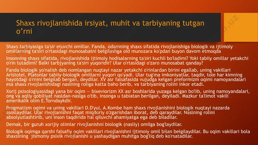 s ma'lum ijtimoiy tuzum mahsulidir. jamiyat shaxs kamolotining muayyan imkoniyatlarini ro'yobga chiqarishi yoki yo'q qilishi mumkin. faylasuflar shaxsni tabiatning bir bo'lagi deb baholaydilar. bu insondagi layoqat kurtaklari bo'lib, uning rivojlanishi uchun tarbiya kerak, degan g'oyani ifodalaydi. jamiyat taraqqiyoti shaxs rivojlanishi uchun keng imkoniyatlarni yaratadi. demak, shaxs bilan jamiyat o'rtasida ham uzviy aloqa mavjud. shunday qilib, odam shaxsining jamiyatdagi rivojlanishi tabiat, muhit. inson o'rtasidagi murakkab aloqa ta'siri ostida ro'y beradi, inson ularga faol ta'sir etadi va shu yo'l bilan hayoti va o'z tabiatini o'zgartiradi. shaxsga ijtimoiy muhitning ta'siri ham muhim. bu tarbiya tizimi orqali amalga oshiriladi. ya'ni, birinchidan, tarbiya ta'sirida muhit bera olmagan bilim, ma'lumot egallanadi, mehnat va texnik faoliyat bilan bog'liq ko'nikma va malakalar hosil bo'ladi. ikkinchidan, tarbiya tufayli tug'ma kamchiliklar ham o'zgartirilib,shaxs kamolga yetadi. uchinchidan, tarbiya yordamida muhitning salbiy ta'sirini hamyo'qotish mumkin. to'rtinchidan, tarbiya kelajakka qaratilgan maqsadni belgilaydi. demak, tarbiya bilan rivojlanish bir-biriga ta'sir etadi, bu tarbiya doimiy va …