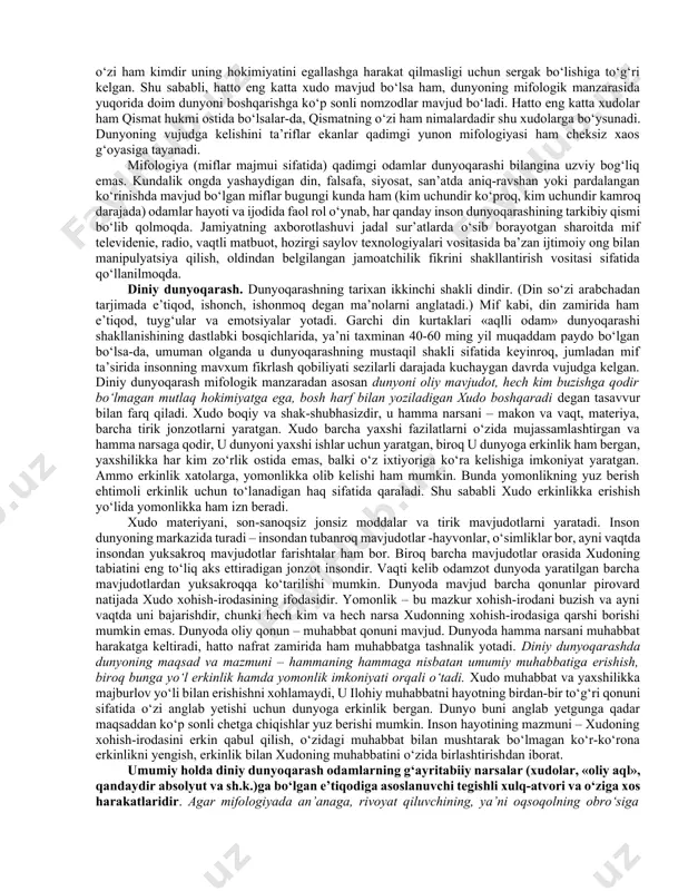 antiradi.. dunyoqarashda intellektual, emotsional va ruhiy asoslar uzviy bog‘liq bo‘lib, ular jamuljam holda har bir inson uchun mutlaqo muayyan, individual xususiyatlar sifatida amal qiladi. intellektual, emotsional va ruhiy asoslar iroda bilan uyg‘unlikda e’tiqodlar – odamlar faol qabul qiladigan, ularning ong darajasi va hayotdagi mo‘ljallariga mos keladigan qarashlarni yuzaga keltiradi. dunyoqarashga sub’ektning yoshi, jismoniy va ruhiy holati, fe’l-atvori xususiyatlari, odatlari va e’tiqodlari, shuningdek milliy madaniyat tipi, etnos xususiyatlari va ijtimoiy-madaniy omillar o‘z ta’sirini ko‘rsatadi. dunyo haqidagi tasavvurda ob’ektiv va sub’ektiv tomonlarni ajratish ham o‘rinli bo‘ladi. dunyoqarashning tuzilishi - dunyoni sezish, dunyoni idrok etish va dunyoni tushunish kabi eng muhim elementlardan iborat. dunyoni sezish – bu o‘zini qurshagan dunyoni sezgilar yordamida hissiy idrok etishdir. bunda tuyg‘ular, kayfiyat dunyoni go‘yoki ranglarga bo‘yaydi, uning obrazini sub’ektiv, sof individual sezgilar orqali aks ettiradi. masalan, bemor odamga haddan tashqari yorug‘ bo‘lib tuyulishi mumkin bo‘lgan nur, sog‘lom odam uchun normal bo‘ladi; daltonik ranglar gammasini, ko‘rish qobiliyati normal …