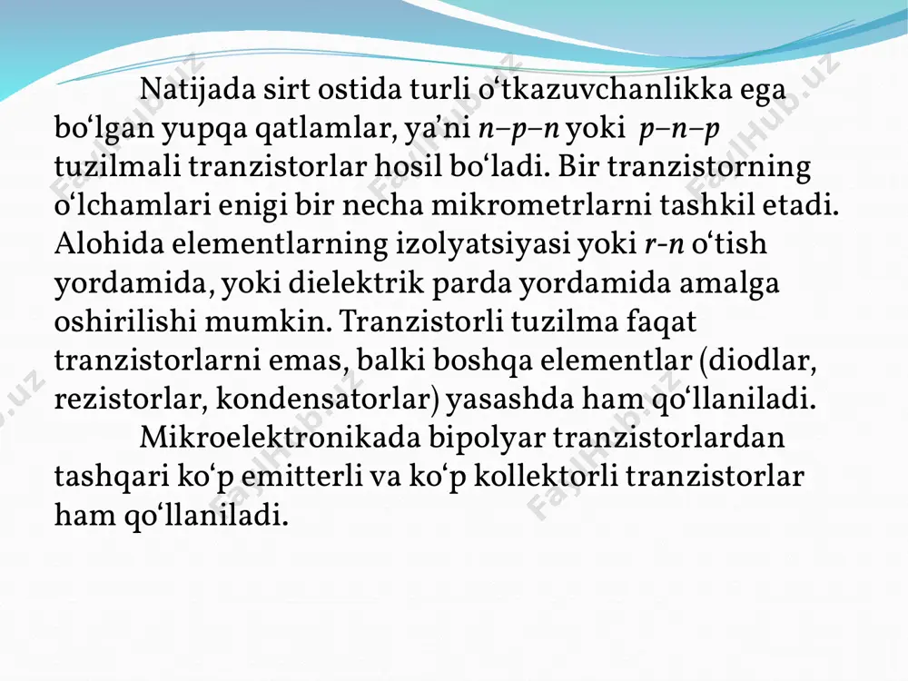 mavjud. agar diod yasash uchun emitter – baza o‘tishdagi p-n o‘tish qo‘llanilsa, u holda kollektor – baza o‘tishdagi p-n o‘tish uziq bo‘lishi kerak. rezistorlar. bipolyar tranzistorli imslarda rezistor hosil qilish uchun bipolyar tranzistor tuzilmasining biror sohasi: emitter, kollektor yoki baza qo‘llaniladi. emitter sohalari asosida kichik qarshilikka ega bo‘lgan rezistorlar hosil qilinadi. baza qatlami asosida bajarilgan rezistorlarda ancha katta qarshiliklar olinadi. kondensatorlar. bipolyar tranzistorli imslarda teskari yo‘nalishda siljigan p–n o‘tishlar asosida yasalgan kondensatorlar qo‘llaniladi. kondensatorlarning shakllanishi yagona texnologik siklda tranzistor va rezistorlar tayyorlash bilan bir vaqtning o‘zida amalga oshiriladi. demak ularni yasash uchun qo‘shimcha texnologik amallar talab qilinmaydi. mdya – tranzistorlar. imslarda asosan zatvori izolyatsiyalangan va kanali induksiyalangan mdya–tranzistorlar qo‘llaniladi. tranzistor kanallari p- va n– turli bo‘lishi mumkin. mdya–tranzistorlar faqat tranzistorlar sifatida emas, balki kondensatorlar va rezistorlar sifatida ham qo‘llaniladi, ya’ni barcha sxema funksiyalari birgina mdya – tuzilmalarda amalga oshiriladi. agar dielektrik sifatida sio₂ qo‘llanilsa, u holda bu tranzistorlar moya–tranzistorlar deb …