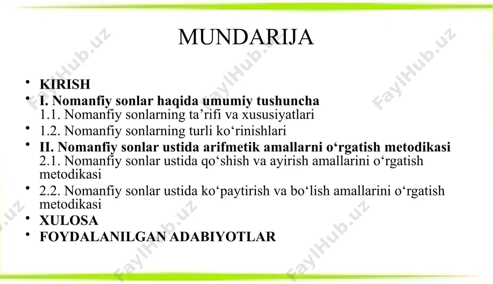 li pedagogik yondashuvlarni ishlab chiqish. loyihaning vazifalari: nomanfiy sonlar tushunchasi va ularning xossalarini nazariy jihatdan o‘rganish. nomanfiy sonlar ustida arifmetik amallarni o‘rgatishning zamonaviy metodlarini tahlil qilish. boshlang‘ich sinf o‘quvchilarining yosh va psixologik xususiyatlarini hisobga olgan holda o‘quv jarayonini loyihalash. dars jarayonida foydalaniladigan o‘quv vositalari va interaktiv uslublarni aniqlash. amaliy mashg‘ulotlar orqali o‘quvchilarda mustahkam bilim va ko‘nikmalarni shakllantirish yo‘llarini aniqlash. tajriba asosida uslubiy tavsiyalar ishlab chiqish. dolzarbligi. bugungi kunda boshlang‘ich ta’limda o‘quvchilarda matematik savodxonlikni shakllantirish, ularni mantiqiy fikrlashga, mustaqil yechim topishga va kundalik hayotda raqamli malakalardan foydalanishga o‘rgatish dolzarb vazifalardan biridir. ayniqsa, nomanfiy sonlar ustida arifmetik amallarni o‘rgatish ushbu maqsadga erishishda muhim bosqich hisoblanadi. kurs loyihasi metodlari tahlil (analiz) metodi bu metod yordamida mavzu bo‘yicha mavjud adabiyotlar, o‘quv dasturlari, metodik qo‘llanmalar va ilg‘or tajribalar o‘rganiladi. ayniqsa, boshlang‘ich ta’limda nomanfiy sonlar ustida amallarni o‘rgatish bo‘yicha ilgari chop etilgan ilmiy ishlar tahlil qilinadi. tahlil natijasida mavzuning nazariy asosi aniqlanadi. “kim chaqqon” o`yini mavzu …