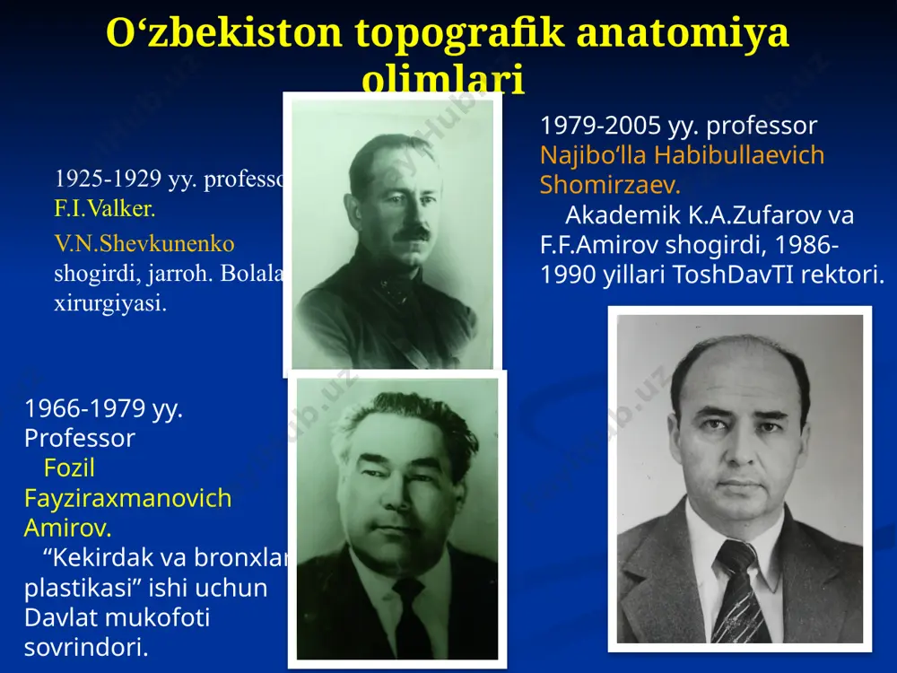irlashtirdi . 1843-1848 yy . n.i. pirogov yangi fan – topografik anatomiyani « inson tanasi anatomiyasi to‘liq kursi . tasviriy – fiziologik va jarrohlik anatomiyasi » asarida shakllantirgan . n.i. pirogov fanni tadqiq etishning yangi uslublarini ishlab chiqdi va tatbiq etdi : muzlatilgan murdalarni uchta tekislik bo‘ylab arralab kesish ( pirogov kesmalari ), “ muz haykaltaroshligi ”, murdada tajriba qilish kabi usullar « muzlatilgan inson tanasi bo‘ylab uch yo‘nalishda o‘tkazilgan kesmalarning illyustratsiyalangan topografik anatomiyasi ” asarida bayon etilgan (1851-1859 yy .). operativ jarrohlik va topografik anatomiya kafedrasi va uning mudirlari 1920-1923 yy . professor valentin feliksovich voyno-yaseneskiy .  “ yiringli jarrohlik ocherklari ” asari davlat mukofatiga sazovor bo‘lgan . 1923-1925 yy . dotsent georgiy aleksandrovich ilin . jarroh . to‘g‘ri ichak xirurgiyasi . o‘zbekiston topografik anatomiya olimlari 1925-1929 yy . professor f.i.valker . v.n.shevkunenko shogirdi , jarroh . bolalar xirurgiyasi . 1966-1979 yy . professor fozil fayziraxmanovich amirov . …