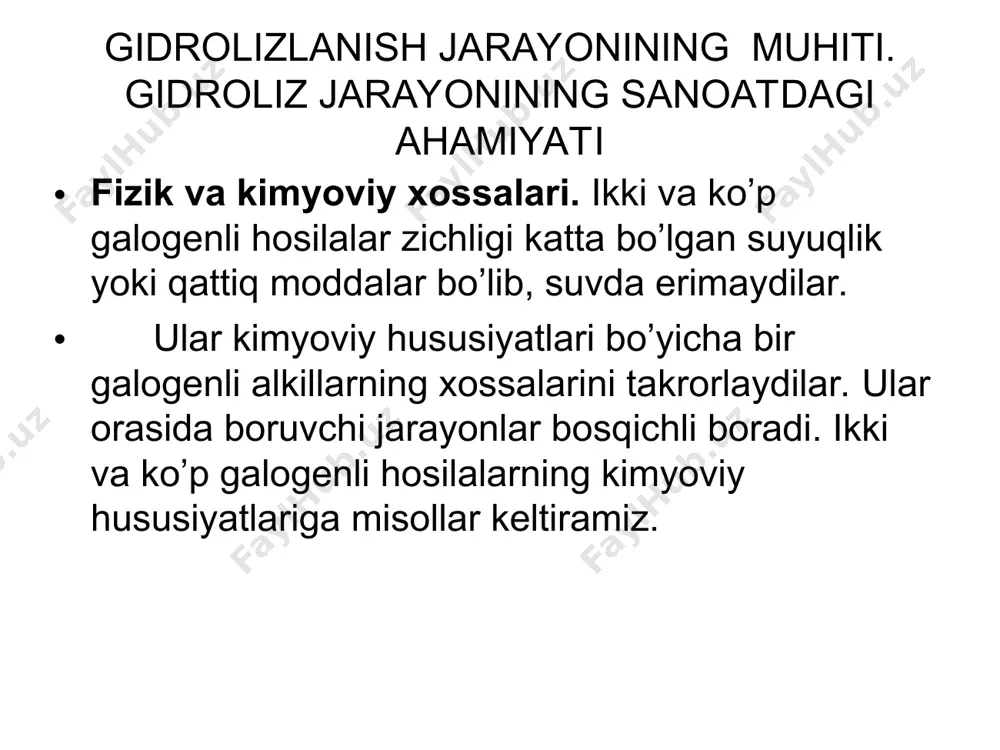ing gidrolizlanishidan ikki atomli spirtlar hosil bo’ladi: tuzilishida galogen atomlari bilan birga qo’shbog’ yoki uchbog’lar bo’lgan birikmalarga to’yinmagan uglevodorodlarning gelogenli hosilalari deyiladi. nomlanishi va izomeriyasi. bularning nomlanishi to’yingan uglevodorodlarning bir galogenli hosilalarini nomlashga o’xshash. olinish usullari. bularni etilen, atsetilen uglevodorodlariga galogen yoki vodorodlar ta’sir ettirib olish mumkin, ya’ni bu jarayonlarning borish sharoitlari yuqorida to’liq keltirilganligi uchun bu haqda to’xtab o’tirmaymiz. fizik va kimyoviy xossalari. bularning fizik xossalarida umumiy qonuniyatlar kuzatiladi. kimyoviy xossalari bo’yicha ularni quyidagi guruhlarga bo’lish mumkin: a) galogen qo’shbog’ni yonidagi uglerod atomi bilan bog’langan (i); b) galogen qo’shbog’ga nisbatan -holatdagi uglerod atomi bilan bog’langan (ii) va v) galogen qo’shbog’dan uzoqdagi uglerod atomi bilan bog’langan (iii). galogen qo’shbog’ning yonidagi uglerod atomi bilan bog’langan birikmalarda galogen kam qo’zg’aluvchan bo’lib, bu birikmalar asosan biriktirib olish jarayonlarigagina kirisha oladilar. ularda elektron bulutlar quyidagicha yo’nalgan: shuning uchun ularga turli molekulalarning birikishi markovnikov qoidasiga binoan boradi: nukleofil o`rin olish reaksiyalari. galoidalkillardagi galogen atomi bilan …