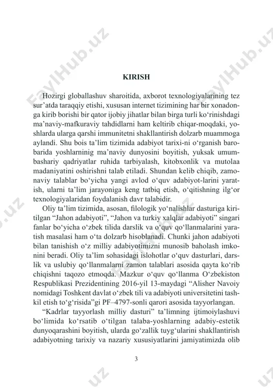 n adabiyoti tarixini o‘rganishning millat hamda jamiyat ravnaqidagi o‘rnini talabalarga tushuntirish, ularda badiiy asarni to‘laqonli tushunish, tahlil va tadqiq etish malakasini hosil qilish, jamoatchilikni jahon adabiyotidagi mazmun va shakl, mavzu va g‘oyaning mohiyati bilan tanishtirishga ko‘maklashish, jamiyatning ma’naviy manzarasini adabiy-nazariy tafakkur orqali aks ettirish, jahon adabiyoti durdonalarini chuqur o‘rganish orqali talabalarning badiiy tafakkurini o‘stirish borasida ko‘rsatmalar be- radi. yangi fan dasturi asosida jahon adabiyoti tarixi bo‘yicha oliy o‘quv yurti talabalari uchun yagona o‘quv adabiyotini tanqidiy yon- dashgan holda qayta ishlab chiqish vaqti allaqachon yetdi. chunki chet el adabiyoti tarixi bo‘yicha shu kungacha foydalanib kelingan adabiyotlar ham qisman bo‘lsa-da zamon talabiga javob bermay qol- di. ayniqsa, antik davrdan xxi asrgacha bo‘lgan adabiyot tarixidan yagona qo‘llanmaning yo‘qligi talabalarga noqulayliklar tug‘dirib kelmoqda. taqdim etilayotgan kitobda ana shu bo‘shliqni to‘ldirishga, ja- hon adabiyoti tarixiga hozirgi zamon nuqtayi nazaridan baho be- rishga baholi qudrat harakat qilindi. o‘quv adabiyotining asosiy 1 mirziyoev sh.m. adabiyot va san'at, …