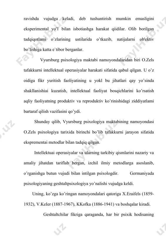 o`lgan o`zaro ichki munosabatlar, bog`lanishlarni aniqlash muammoli tarzda namoyon bo`ladi. inson oldida muammo vujudga kelmas ekan, u xolda tafakkur jarayoni xosil bo`lishi mumkin emas. shunday qilib, inson o`zining bilish faoliyatida voqeilikning murakkab jixatlarini xissiy bosqich yordami bilan aks ettira olmay qolganda tafakkurga, fikr yuritishga murojaat qiladi. insonning bilish faoliyatida sezgi, idrok, tassavur obrazlari bilan tafakkur o`zaro uzliksiz ravishda bir – birini boyitib turadi. ana shunga binoan bilish jarayonining xissiy va aqliy bosqichlari mavjuddir. tafakkur, sezgi va idrokdan farq qilib, bir nechta xususiyatga egadir. uning birinchi xususiyati voqeilikni umumlashgan xolda aks ettirishdir. tafakkurning ikkinchi muxim xususiyati bog`lanishlarni bevosita aks ettirishdir. bu xususiyat tufayli tabiat va jamiyatdagi turli xodisa va voqealar o`rtasidagi bog`lanishlarni tushuntirish imkoniyatiga ega bo`lamiz. tafakkurning uchinchi xususiyati so`z /nutq/ orqali narsa va xodisalar o`rtasidagi murakkab munosabatlarni aks ettirishdan iboratdir. insonnning fikr yuritishi bir va undan ortiq so`zlar, tushunchalar vositasida ifodalanadi. shuning uchun odam o`ylayotganda o`z fikrini aytayotgandek, gapirayotganda esa …