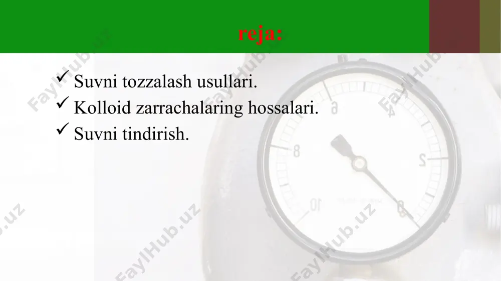 ish. suvni muallaq zarrachalardan tozalashga suvni tindirish deb ataladi. tindirish jarayonida zichligi suv zichligidan kichik boʻlgan zarrachalar yuziga qalqib chiqsa, zichligi suv zichligidan katta boʻlgan zarrachalar suv tagiga cho'kadi. suv tozalash texnikasida suvni tindirish kimyoviy reagentlar yordamida yoki kimyoviy reagentlarsiz ham olib boriladi. bu jarayon suvga kimyoviy reagentlar qo'shib olib borilsa, suv tarkibidagi muallaq va kolloid zarrachalar butunlay cho'kib, undagi ion zarrachalarning miqdori qisman kamayadi. suvni kimyoviy reagentlarsiz tindirish, asosan, tarkibida kolloid zarrachalar miqdori unchalik ko'p boʻlmagan loyqa suvlar uchun qoʻllanadi. ieslarida suvga reagent qo'shib tozalash usuli, ayniqsa, tabiiy va chiqindi suvlarni tozalashda keng qo'llanadi. suv tozalash texnikasida suvni tindirish va reagent qo'shib tozalash har xil tindirgich (осветлитель) qurilmalarida yoki maxsus hovuzlarda olib boriladi. tindirishdagi texnologik jarayonlar va qoʻllanadigan qurilmalar suv tozalashning birinchi bosqichini tashkil etadi. tindirgichda suvni tozalash mexanik filtrlardan oʻtkazish bilan yakunlanadi. birinchi bosqichda ishlatiladigan texnologik qurilmalar quyidagi belgilari bilan: reagent qo'shilmasligiga; suvni tozalash darajasiga; texnologik jarayonlar soniga; …