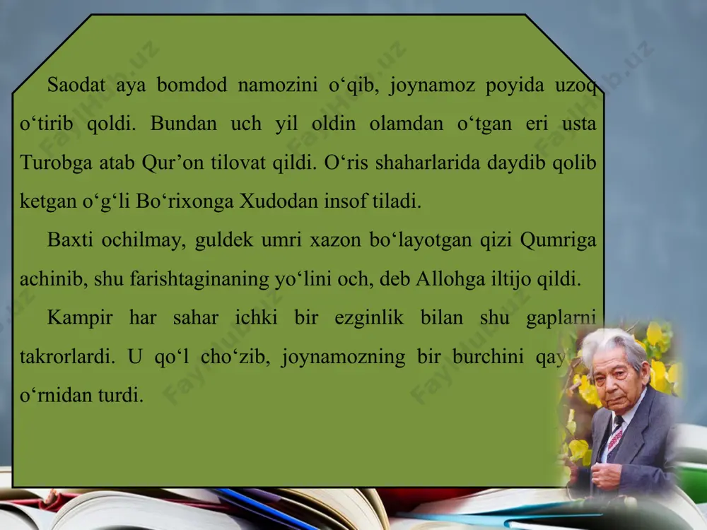 ftada bir xabar olsa oladi, olmasa yo‘q. kasalxonada yotganimda shu itgina ko‘kragini qorga berib hovlida bir oy deraza tagida yotgan. senlar qo‘ni-qo‘shnining qistovi bilan bir-ikki xabar oldilaring, xolos. – oyijon, qo‘ying endi... – dedi qumri norozi bo‘lib. itning bir qulog‘ida, bo‘ynida, oyoqlarida qon qotib qolgan edi. – ahmoq! – dedi kampir. – qayoqlarda sanqib yurgan-ding?! yana marjabozlikka bordingmi? majnun bo‘lmay ket-kur! ahvol ingni qara, xotin talashib rosa ta’ziringni yebsan-ku! e o‘lmagin-a, shil inmagan joying qolmapti... endi o‘zingdan ko‘r. majnun, yaralar ingga dori surtaman. illo, dod demaysan! qumrixon itning bo‘ynidan bosib turdi, kampir yaralariga yod surta boshladi. it g‘ingshiydi, ingillaydi. qumrixonning qo‘llarini tishlamoqchi bo‘ladi. – ana, bo‘ldi. endi ovqatingni beramiz. bir oydan beri o‘g‘li surunkasiga kampirning tushiga kiradi. na yotishida, na turishida halovat bor. o‘g‘lini o‘ylagani- o‘ylagan. yoshi saksonga yaqinlashib, kuch-quvvatdan qola boshlagan, bol amni ko‘rmay o‘lib ketamanmi deb kuyib-yonadi. o‘g‘li bo‘rixon oltmish yettinchi yili armiyaga ketgan. harbiy xizmati tugadi hamki, …