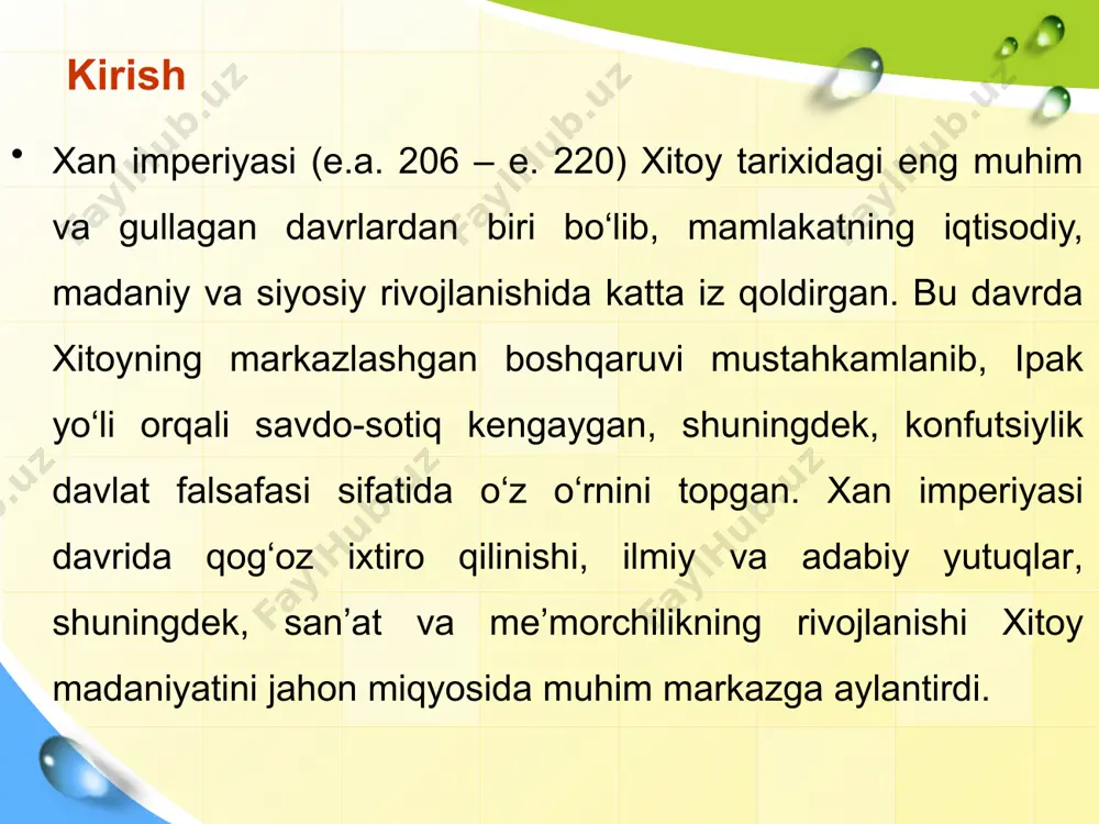 iga asoslanardi. soliqlar ko‘pincha pul yoki natura shaklida undirilar edi, bu esa dehqonlar uchun qo‘shimcha yuk bo‘lib xizmat qilardi. xan imperiyasi davrida ilm-fan va madaniyat xan imperiyasi nafaqat iqtisodiy va ijtimoiy sohada, balki ilm-fan va madaniyatda ham muhim yutuqlarga erishdi. bu davr xitoy madaniyatining asoslarini shakllantirgan va keyingi asrlar uchun muhim meros qoldirgan davr sifatida tarixda muhim o‘rin tutadi. konfutsiychilikning davlat mafkurasi sifatida tan olinishi:konfutsiychilik xan imperiyasi davrida davlat mafkurasi sifatida rasman qabul qilindi. imperator vudi davrida konfutsiychilik tamoyillari davlat boshqaruvida asosiy yo‘l-yo‘riq sifatida tan olindi. hunlarga qarshi kurash va g‘arbiy yurishlar (zhang qian ekspeditsiyasi) xan davlati (miloddan avvalgi 206–milodiy 220-yillar) xitoy tarixidagi eng muhim imperiyalardan biri bo‘lib, uning tashqi siyosati va harbiy yurishlari mintaqada geosiyosiy muvozanatni shakllantirishda hal qiluvchi rol o‘ynadi. xan davlatining tashqi siyosati, ayniqsa, shimoliy chegaralardagi ko‘chmanchi hunlar (syunnular) bilan kurash va g‘arbiy mintaqalarga yo‘naltirilgan ekspeditsiyalar orqali o‘zining strategik maqsadlariga erishdi. xalqaro savdo va diplomatik aloqalar xan …