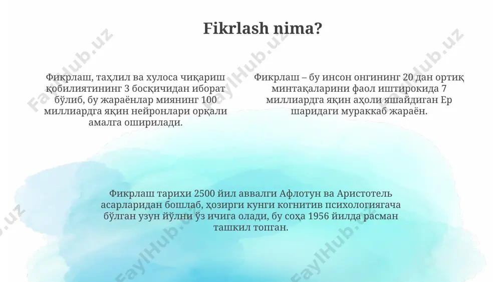 gan. o'rta asr falsafasi 9-15-asrlar davomida markaziy osiyoda, xususan, buxoro, samarqand va xorazm kabi yirik shaharlarda gullab-yashnagan bo'lib, islom falsafasining rivojlanishiga katta hissa qo'shgan. falsafa tarixi falsafa tarixining 9-13-asrlar oraligʻida buxoro va margʻilon kabi shaharlarda rivojlanganligi, ularda koʻplab mashhur mutafakkirlarning yetishib chiqqanligini koʻrsatadi. 12-asrda xorazm viloyatida yashagan al-xorazmiyning matematik va astronomiya sohasidagi hisoblash usullari jahon faniga katta ta'sir ko'rsatdi, falsafa rivojiga ham ta'sir etdi. ibn sino (avicenna) kabi buyuk mutafakkirlarning 500 dan ortiq asarlari falsafa tarixiga ulkan hissa qoʻshgan boʻlib, dunyoning turli burchaklarida, shu jumladan evropada ham oʻrganiladi. qadimgi yunon falsafasi qadimgi yunon falsafasi, mantiq, metafizika, axloq va siyosat kabi sohalarga 2000 yildan ortiq ta'sir ko'rsatib, rim imperiyasi va keyinchalik yevropa falsafasiga kuchli ta'sir ko'rsatdi. qadimgi yunon falsafasi, miloddan avvalgi 6-asrda, ioniya shahri miletda, thales, anaksimandr va anaksimen kabi mutafakkirlarning tabiat haqidagi fikrlari bilan boshlangan. aflotun (miloddan avvalgi 428-348) va aristotel (miloddan avvalgi 384-322) kabi buyuk faylasuflar, atika davrida yunon …