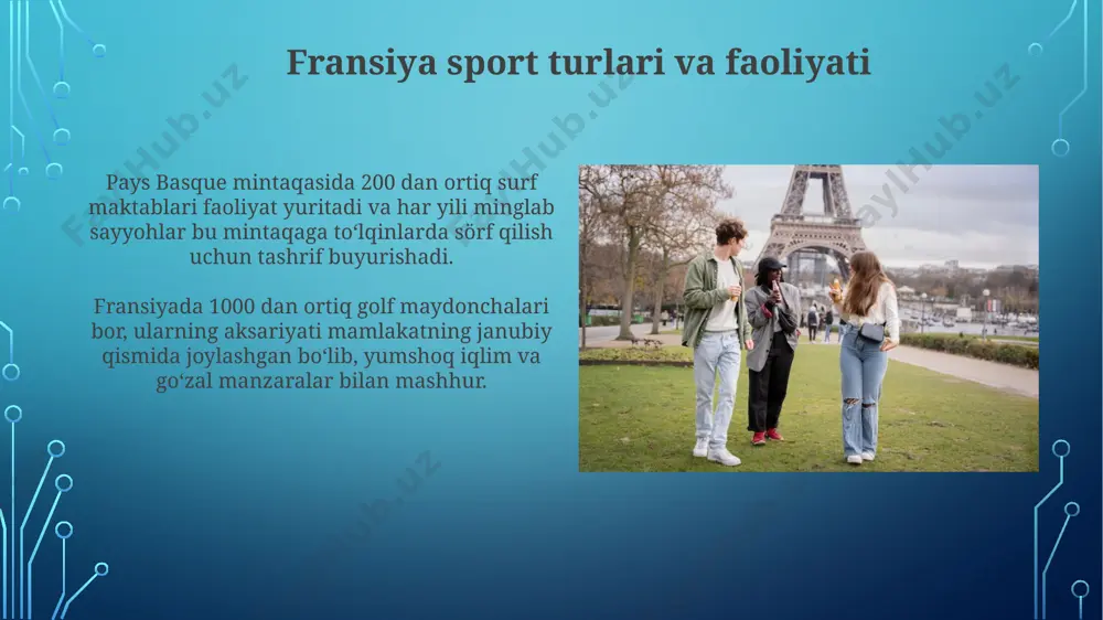 idlariga boylik qo'shadi. fransiyaning tabiiy go'zalliklari fransiya, 70 dan ortiq milliy bogʻlari va tabiiy qoʻriqxonalari bilan, jumladan, camargue milliy bogʻi va pyrenees milliy bogʻi bilan, oʻzining boy bioxilma-xilligini namoyish etadi, turli xil oʻsimlik va hayvonot dunyosiga ega. alp togʻlari, 4800 metr balandlikdagi mont blanc choʻqqisi bilan, togʻli sayohatlar, changʻi sporti va tabiatning ajoyib manzaralarini taqdim etadi, yiliga 10 milliondan ortiq sayyohni oʻziga jalb qiladi. fransiya bog'lari va parklari fransiyaning 400 dan ortiq milliy bog‘i va tabiiy parklari mavjud bo‘lib, ularning umumiy maydoni 3 million gektardan oshadi, jumladan, alp tog‘laridagi vanoaz milliy bog‘i ham kiradi. versal saroyi bog‘lari – dunyodagi eng mashhur landshaft bog‘laridan biri bo‘lib, 800 gektar maydonni egallaydi va 200 dan ortiq haykallar, favvoralar va suv havzalari bilan bezatilgan. fransiya provinsiyalari: sayohat yo'nalishlari normandiya provinsiyasining d-day plyajlari va mont-sen-mikel monastiri kabi tarixiy joylarini yillik 10 milliondan ortiq turist ziyorat qiladi. provansa-alp-kot-d'azur provinsiyasi, yiliga 50 milliondan ortiq sayyohlarni jalb qiladigan, …
