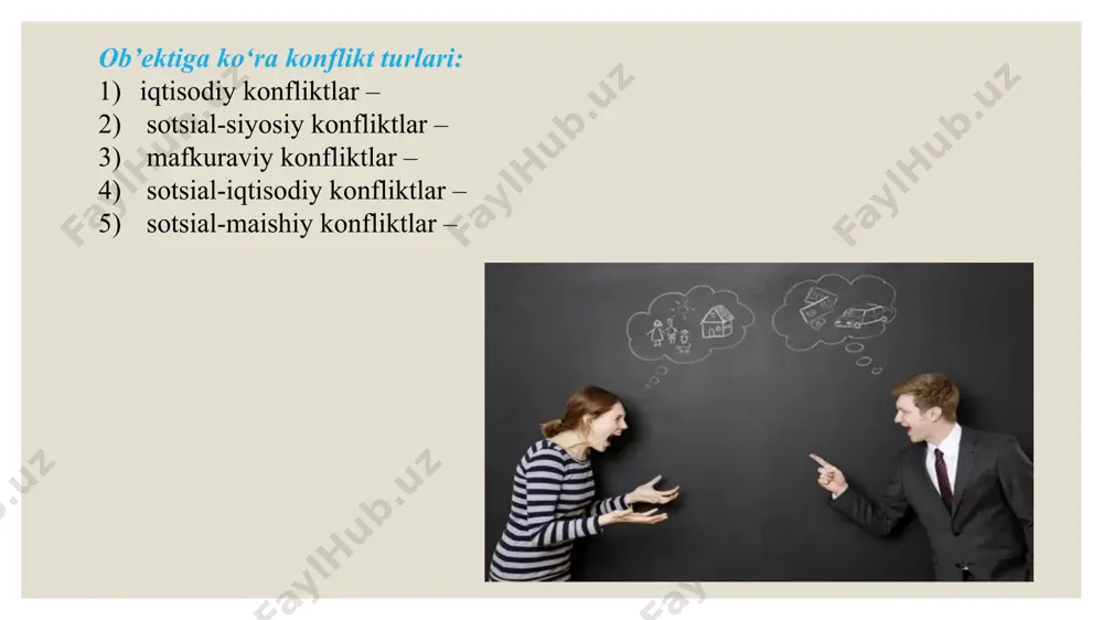 konfliktogenlar boshqalar ko‘nglida ham yuzaga kelishi mumkinligini nazarga olishimiz darkor egoizm – faqat o‘z manfaatlarini ko‘rish qobiliyati bo‘lib, o‘zbek tilida xudbinlik so‘ziga to‘g‘ri keladi. xudbinlik forscha so‘z bo‘lib, ikki ildizdan tashkil topgan: “xud” – o‘z, o‘zim ma’nolarini bildiradi, “bin” – ko‘rish ma’nosini bildiradi. p.buast “xudbinlik ustidan qozonilgan g‘alaba eng sharafli g‘alabadir”, - deb aytgan. fransuz yozuvchisi s.segyur esa, “xudbin uchun – o‘tmish – bo‘shliq, hozir – qaqroq cho‘l, kelajak esa – ahamiyatsizdir”, - deb ta’kidlagan. image2.jpg image3.png image4.png image5.png image6.png image7.png /docprops/thumbnail.jpeg