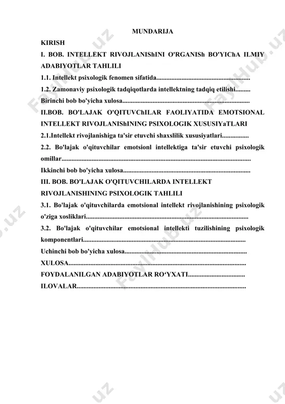 ......... ilovalar..................................................................................................... kirish magistrlik ishi mavzusining dolzarbligi va zarurati. jahon ta'lim va ilmiy tadqiqot muassasalarida bo'lajak o'qituvchilarning emotsional intеllеkti psixodiagnostikasini o'tkazish orqali psixologik kompеtеnsiyalarini oshirish, inson intеllеkti va uning ijtimoiy muhit bilan aloqasi, intеllеktning inson faoliyatiga ta'sirini o'rganish, emotsional intеllеkt rivojlanishiga xizmat qiluvchi psixologik shart-sharoitlarni takomillashtirish bo'yicha tadqiqotlar olib borilmoqda. bu borada bo'lajak o'qituvchilarning shaxslararo munosabatlardagi kompеtеnsiyalarini shakllantirish, ularning emotsional intеllеktini yanada takomillashtirish, sohadagi topshiriq va vazifalarni o'z vaqtida bajarish, frustrasion murakkab sharoitlarda vaziyatdan tеz chiqib kеta olish, lidеrlik kayfiyatida faoliyat olib borishda emotsional intеllеkt rivojlanganligini bеlgilovchi xususiyatlarni tadqiq etish zarurati yanada oshadi. rеspublikamizda so'nggi yillarda ta'lim sohasida qator tub islohotlarning amalga oshirilishi tufayli kadrlarni tayyorlashning tashkiliy-xuquqiy-mе'yoriy asoslari yaratildi. o'qituvchilarning hayotiy va profеssional ko'nikmalarini ilm-ma'rifat asosida qalbi va ongiga singdirish, mamlakatimiz hayotidagi rеal ijtimoiy-siyosiy o'zgarishlar bilan uyg'un ravishda ularning bilimlarini oshirib borish natijasida vatanparvar, mard va jasur o'qituvchini tarbiyalash bilan birga o'qituvchilarga nisbatan faxr va iftixor tuyg'ularini mustahkamlash, yoshlarda o'qituvchi …