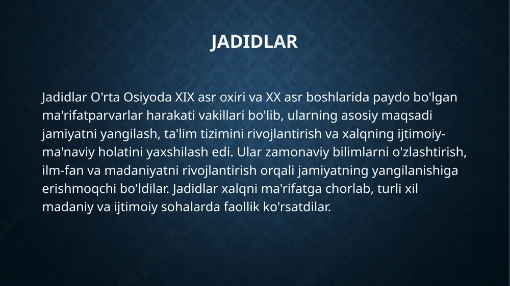 lides/_rels/slide5.xml.rels ppt/slides/_rels/slide6.xml.rels ppt/slides/_rels/slide7.xml.rels ppt/slides/_rels/slide8.xml.rels ppt/slides/_rels/slide9.xml.rels ppt/slides/_rels/slide10.xml.rels ppt/slides/_rels/slide11.xml.rels ppt/slides/_rels/slide12.xml.rels ppt/slides/_rels/slide13.xml.rels ppt/slides/_rels/slide14.xml.rels ppt/slides/_rels/slide15.xml.rels ppt/slides/_rels/slide16.xml.rels ppt/slides/_rels/slide17.xml.rels ppt/slides/_rels/slide18.xml.rels ppt/slides/_rels/slide19.xml.rels ppt/slides/_rels/slide20.xml.rels ppt/slides/_rels/slide21.xml.rels ppt/slides/_rels/slide22.xml.rels ppt/notesmasters/_rels/notesmaster1.xml.rels ppt/theme/_rels/theme1.xml.rels ppt/slidelayouts/_rels/slidelayout1.xml.rels ppt/slidelayouts/_rels/slidelayout2.xml.rels ppt/slidelayouts/_rels/slidelayout3.xml.rels ppt/slidelayouts/_rels/slidelayout4.xml.rels ppt/slidelayouts/_rels/slidelayout5.xml.rels ppt/slidelayouts/_rels/slidelayout6.xml.rels ppt/slidelayouts/_rels/slidelayout7.xml.rels ppt/slidelayouts/_rels/slidelayout8.xml.rels ppt/slidelayouts/_rels/slidelayout9.xml.rels ppt/slidelayouts/_rels/slidelayout10.xml.rels ppt/slidelayouts/_rels/slidelayout11.xml.rels ppt/slidelayouts/_rels/slidelayout12.xml.rels ppt/slidelayouts/_rels/slidelayout13.xml.rels ppt/slidelayouts/_rels/slidelayout14.xml.rels ppt/slidelayouts/_rels/slidelayout15.xml.rels ppt/slidelayouts/_rels/slidelayout16.xml.rels ppt/slidelayouts/_rels/slidelayout17.xml.rels [content_types].xml образец заголовка образец текста второй уровень третий уровень четвертый уровень пятый уровень 8/6/2025 ‹#› mavzu : jadid ma’rifatparvarining o`lka ijtimoiy – manaviy hayotida tutgan o`rni jadidlar jadidlar o'rta osiyoda xix asr oxiri va xx asr boshlarida paydo bo'lgan ma'rifatparvarlar harakati vakillari bo'lib , ularning asosiy maqsadi jamiyatni yangilash , ta'lim tizimini rivojlantirish va xalqning ijtimoiy - ma'naviy holatini yaxshilash edi . ular zamonaviy bilimlarni o'zlashtirish , ilm -fan va madaniyatni rivojlantir
