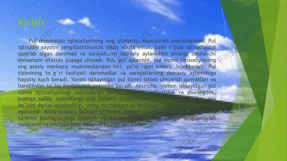 turardi. to'g'ridan-to'g'ri ayirboshlash bilan kelishib bo'lmaydigan almashinuvda vositachilik qiladigan uchinchi, ishonchli vakil, tovar. 2.pul va uning mazmuni pul — bu shunday maxsus tovarki, u hamma boshqa tovarlar uchun umumiy ekvivalent vazifasini bajaradi. pul umumiy tovarlarni ayrboshlashda asosiy vazifasini bajaradi. qadimda pul vazifasini turli xil tovarlar bajargan, masalan, chorva mollari, mol terilari, bolta va hokazo. keyinchalik pul vazifasini qimmatbaho metallar bajargan, chunki ular oʻzini sifatini yoʻqotmaydi va pul oʻrnini bosishda juda qoʻl kelgan. pul oddiy mahsulot boʻlib qolmay, u ijtimoiy qiymatga ega, yaʼni ham pul (fors-toj.) — oʻrta osiyo xonliklari va yaqin sharqdagi ayrim davlatlarda qoʻllanilgan mis chaqa pul. masalan, 1 pul xviii-xix asrlarda qoʻqon xonligida 1/45—1/60 tangaga, buxoroda 1 pul 1/40 tillaga, 1932-yilgacha eronda 1/40 qironga teng boʻlgan. pul — hamma tovarlar va xizmatlar ayirboshlanadigan, umumiy ekvivalent sifatida foydalaniladigan, boshqa barcha tovarlar qiymatini ifodalaydigan maxsus tovar; bozor iqtisodiyotining eng asosiy vositasi. pul oʻz tabiatiga koʻra, 3 xil xususiyatga ega: hamma …