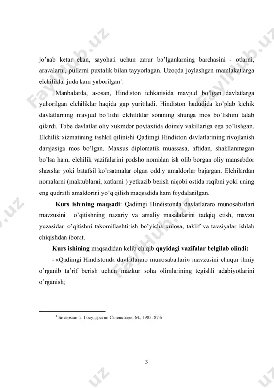 ivilizatsiyasi janubiy osiyoda eng qadimgi bo’lgan hind sivilizatsiyasi hind daryosi vodiysida (hozir asosan pokiston hududi taxminan er. avv. xxii-xvi asrlar) paydo bo’lib, qadimgi sharq sivilizatsiyalaridan paydo bo’lishiga ko’ra uchinchi hisoblanadi. hind daryosining g`arbida neolit davrida er.avv.vii-vi ming yilliklarda aholi dehqonchilik bilan shug`ullana boshlaydi. vodiyda paxsa uyli kichik qo’rgonlar paydo bo’ladi. dastlabki ikki shaxar markazi moxenjo-daro va xarappa, keyinchalik chanxo-daro va kalibangan qazib ochiladi. hozirgi vaqtda hind vodiysi havzasida hind sivilizasiyasining bir necha yuz qo’rg’onlari ochilgan. moxenjo-daro, xarappa va kalibangan shaxarlari qurilishi ikki qismli rejaga ega. shahring bir qismi sun'iy tepalikda qurilib devor bilan o’ralgan. bu ma'muriy-diniy ishootlar deb taxmin qilinadi. moxenjo-daro qal'asida topilgan katta inshoot yoki hokim qarorgohi bo’lgan. uning yaqinida diniy marosimlar uchun xizmat qiladigan basseyn topilgan. xarappa qal'asida ulkan g`alla ombori qurilgan. moxenjo-daro bir necha o`n ming kishi yashaydigan 2 kv. km. maydondan iborat. to’g`ri ko`chalar o’n metrgacha kenglikda ko’rilgan. uylar 2 qavatli, kanalizatsiyaga ega. shahar hunarmandchiligi to’g`risida …