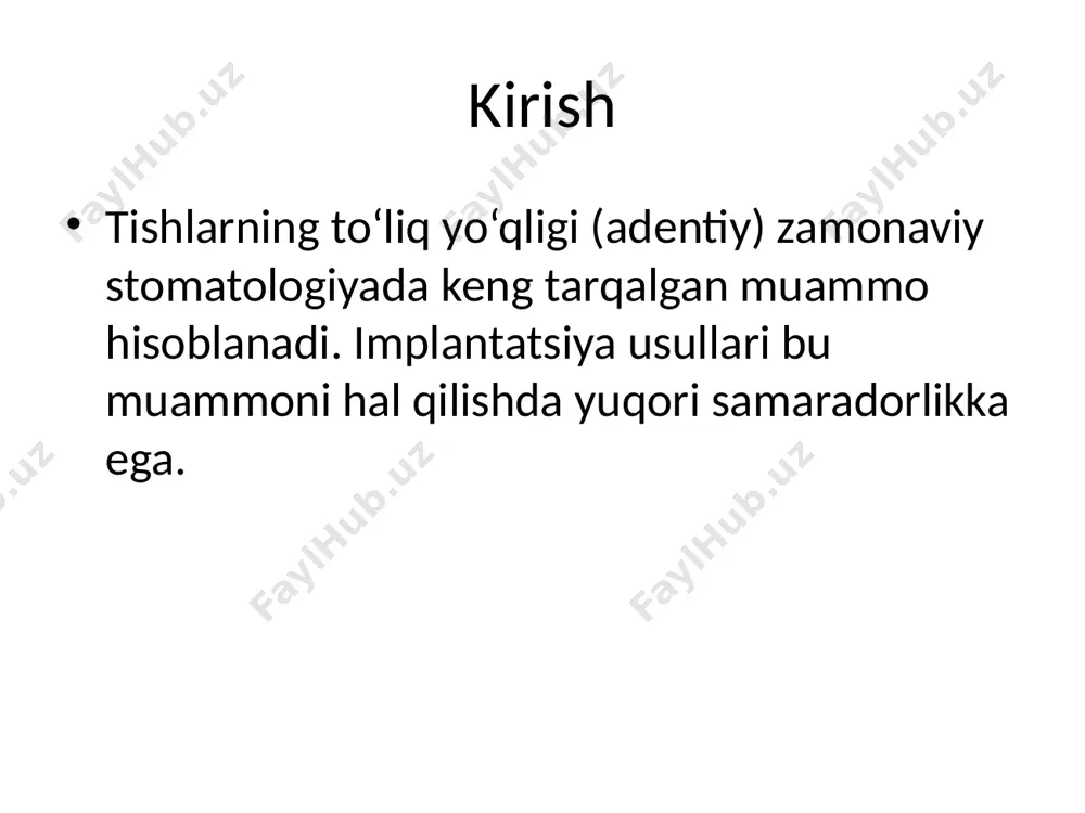 ase abatment – zirkoniy protezlar bilan ishlatiladigan, titan asosli. multi-unit abatment – all-on-4 va all-on-6 tizimlarida ishlatiladi, bir nechta tishlarni bitta implant ustida birlashtirish imkonini beradi. implant analoglari implant analog – laboratoriyada ishlatiladigan haqiqiy implant nusxasi: - protez ishlab chiqarishda ishlatiladi - gipsta yoki raqamli modelda qo‘llaniladi - turlari: standart va raqamli analoglar xulosa tish yo‘qligini implantlar orqali davolash – ishonchli, estetik va uzoq muddatli yechimdir. to‘g‘ri klinik protokollarga rioya qilish, axen tamoyiliga amal qilish va to‘g‘ri abatment tanlovi muhim. image1.jpeg image2.jpeg image3.png image4.jpeg all on 6-001 - 1
