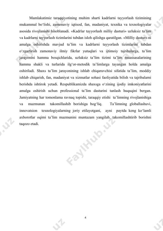 hkil etishda hamkorlik pedagogikasining o'rni kurs ishining ob’ekti: o’qituvchi tomonidan jarayonni tashkil etish va boshqaruvni insonparvarlashtirish, vatanparvarlik tarbiyasini demokratizatsiyalash jarayoni. kurs ishining predmeti: o’quvchilarga tarbiyaviy ta’sir etish usullari oila muhiti, ijtimoiy muhit ta`sirida har tomonlama rivojlanishga qodir, degan xulosani chiqarish mumkin kurs ishining vazifalari: maktab ta’lim tizimida o`quvchilarini tarbiyalashda oila, maktab, jamoatchilik hamkorligini shakllantirishning dolbzarb muamo ekanligini asoslash; o`quvchilarida oila, maktab, jamoatchilik hamkorliginishakllantirishda sinf rahbarining tutgan o’rnini aniqlash; o`quvchilarni tarbiyalashda oila, mahalla, maktab hamkorligini amalga oshirish tamoyillari va bosqichlari, mexanizmi va uslublarini o’rganish. o`quvchilarida oila, maktab, jamoatchilik hamkorligini shakllantirishning metodik asoslarini yoritib berish. kurs ishning metodologik asoslari: o‘zbekiston respublikasining yangi tahrirdagi «ta’lim to‘g‘risida»gi qonun, “o`quvchilarni tarbiyalashda oila, mahalla, maktab hamkorligi” konsepsiyasi, mavzuga tegishli ilmiy-pedagogik, met odik manbalarni tashkil etadi. o’zbekiston respublikasi prezidenti sh.m.mirziyoyevning ta’lim sohasidagi islohotlari, mavzuga doir qo’shimcha adabiyotlar. kurs ishining tarkibiy tuzilishi: kirish, uch qism, xulosa va foydalanilgan adabiyotlar ro’yhatidan 25 betdan iborat. 1. tarbiyaviy ishni tashkil etish …