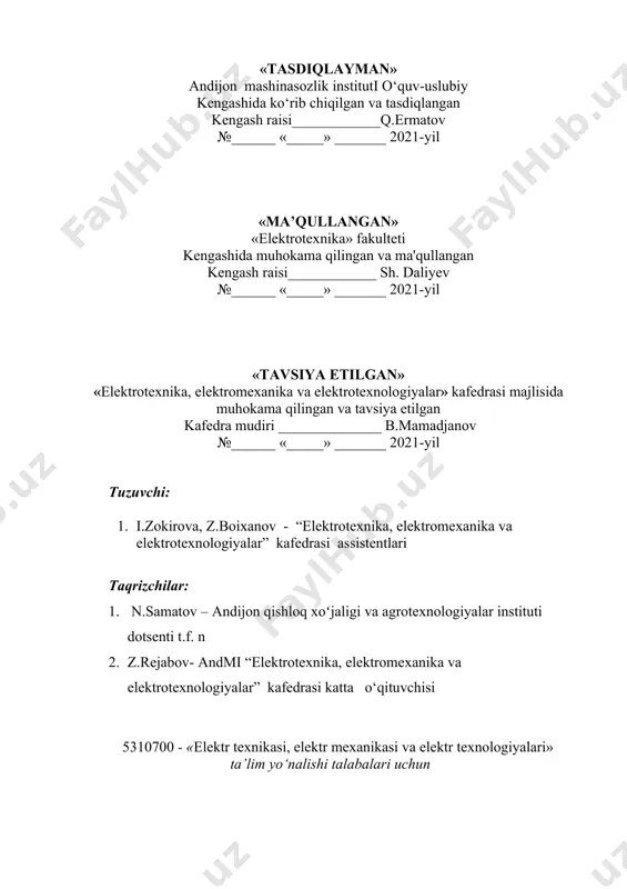 ki turli koʻrinishdagi jarohatlanishi mumkin boʻlgan manbaga aylanadi. talabalarni yaqinlashtirishi, kirishi mumkin boʻlgan asboblar mashinalar va ishga tushirish apparatlari tarkibiga kirgan laboratoriya jihozlarini montaj qilganda vaziyat yana ham jiddiylashib laboratoriya ishlarini bajarishda yana ham xavf kuchayadi. inson badani elektr oʻtkazuvchanlikka ega boʻlganligi sababli kuchlanish ostida boʻlgan ikkita, elektrdan izolyatsiya qilinmagan elementga tegib ketish natijasida (shunday elementlardan biri elektr mashinasining yoki transformatorning ustki qobig`i boʻlishi mumkin) inson badanidan elektr toki oʻtadi. tokning xavfli qiymatlarida bu narsa yoki kuchli qoʻyishga (elektr jarohat), yoki inson organizmidagi (jismidagi) asab, yurak va nafas olish yoʻllarini lat yeyishiga olib keladi (elektr zarbasi). elektr toki bilan shikastlanish oqibati yomon boʻlib, bahzan oʻlim bilan yakunlanishi ham mumkin. talabalarni elektr mashinalari bilan ishlashining oʻziga xos xususiyati shundan iboratki, texnika xavfsizligi qoidalariga rioya qilmasligi natijasida faqatgina elektr toki bilangina shikastlanib qolmay, balki, elektr mashinalarining tormozlash (toʻxtatish) qurilmalarining aylanuvchan qismlari tomonidan mexanik zarbalarga ham uchrashlari mumkin. shu narsani esda tutish kerakki, …