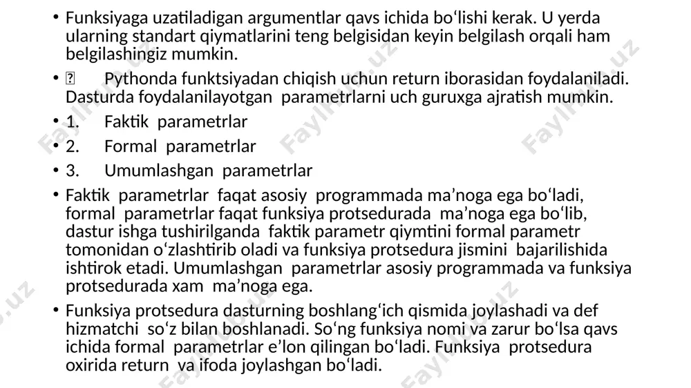 f rectangle(): a = float(input("kengligi: ")) b = float(input("balandligi: ")) print("yuza: %.2f" % (a*b)) rectangle() misollar: uchburchakning yuzasini hisoblash funksiyasi def triangle(): a = float(input("asosi: ")) h = float(input("balandligi: ")) print("yuza: %.2f" % (0.5 * a * h)) triangle() misollar: aylananing yuzasini hisoblash funksiyasi def circle(): r = float(input("radius: ")) print("yuza: %.2f" % (3.14 * r**2)) circle() funksiya o‘zgaruvchan sonli argumentlarni qabul qilishi uchun argument nomidan oldin “*” belgisi qo‘yiladi. def len(*y): for x in y: print(x) len(10,20,30) python 3 da lambda funksiyasi sintaksisi faqat bitta ifodani talab qiladi: x = lambda a1, a2: a1 * a2 print(x(5,5)) print(x(3,5)) double = lambda x: x*2 print(double(5)) funksiya va lyambda farqi def def_c(y): return y*y*y l_c = lambda y: y*y*y print(def_c(3)) print(l_c(3)) my_l = [1, 3, 4, 6, 10, 11, 15, 12, 14] y_list = list(filter(lambda x: (x%2 == 0) , my_l)) print(y_list) l = [1, 3, 4, 6, 10, 11, 15, …