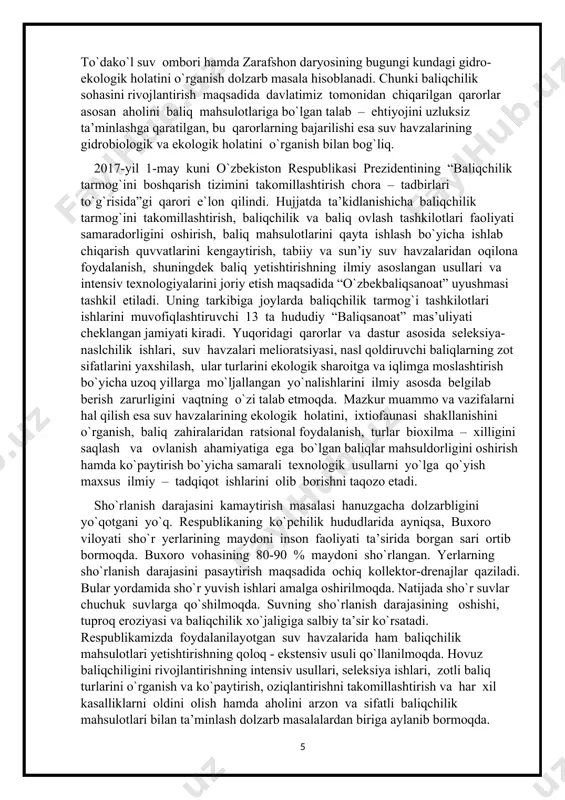 da. mazkur muammo va vazifalarni hal qilish esa suv havzalarining ekologik holatini, ixtiofaunasi shakllanishini o`rganish, baliq zahiralaridan ratsional foydalanish, turlar bioxilma – xilligini saqlash va ovlanish ahamiyatiga ega bo`lgan baliqlar mahsuldorligini oshirish hamda ko`paytirish bo`yicha samarali texnologik usullarni yo`lga qo`yish maxsus ilmiy – tadqiqot ishlarini olib borishni taqozo etadi. sho`rlanish darajasini kamaytirish masalasi hanuzgacha dolzarbligini yo`qotgani yo`q. respublikaning ko`pchilik hududlarida ayniqsa, buxoro viloyati sho`r yerlarining maydoni inson faoliyati ta’sirida borgan sari ortib bormoqda. buxoro vohasining 80-90 % maydoni sho`rlangan. yerlarning sho`rlanish darajasini pasaytirish maqsadida ochiq kollektor-drenajlar qaziladi. bular yordamida sho`r yuvish ishlari amalga oshirilmoqda. natijada sho`r suvlar chuchuk suvlarga qo`shilmoqda. suvning sho`rlanish darajasining oshishi, tuproq eroziyasi va baliqchilik xo`jaligiga salbiy ta’sir ko`rsatadi. respublikamizda foydalanilayotgan suv havzalarida ham baliqchilik mahsulotlari yetishtirishning qoloq - ekstensiv usuli qo`llanilmoqda. hovuz baliqchiligini rivojlantirishning intensiv usullari, seleksiya ishlari, zotli baliq turlarini o`rganish va ko`paytirish, oziqlantirishni takomillashtirish va har xil kasalliklarni oldini olish hamda aholini arzon va …