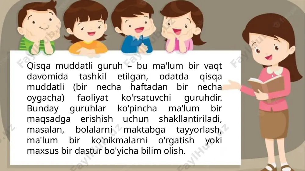 ini boshqarish, baham ko'rish va boshqa bolalar bilan emotsional aloqalar o'rnatishga o'rgatiladi. ko'rish va eshitish qobiliyatlarini rivojlantirish: qisqa hikoyalar va ertaklar: bolalarni tinglashga o'rgatish va ularni hikoyalar yordamida yangi so'zlar, tushunchalar bilan tanishtirish. diqqatni jamlash: bolalarni qisqa muddatli vazifalarni bajarish, o'z diqqatini bir nuqtada jamlashga o'rgatish. maktabga tayyorgarlikning jismoniy jihatlari: qolbilar va ko'nikmalar: bolalarga qalam tutish, yozish, rasmlar chizish kabi faoliyatlarni rivojlantirish. o'rganish joylarida o'zini tutish: bolalar maktabda o'z o'rnini topish, o'quvchilarga munosib hurmat ko'rsatish va o'qituvchilar bilan o'zaro hurmatni mustahkamlash. qiziqarli o'quv faoliyatlari: kreativ ishlar: bolalarni rang berish, kichik loyihalar yaratish, musiqa va san'at bilan shug'ullanishga jalb qilish. musiqa va raqs: bolalarni ritmik harakatlar, qo'shiqlar va raqslar orqali o'zini ifoda etishga o'rgatish. e’tiboringiz uchun tashakkur! image1.jpg image2.jpg image3.jpeg /docprops/thumbnail.jpeg