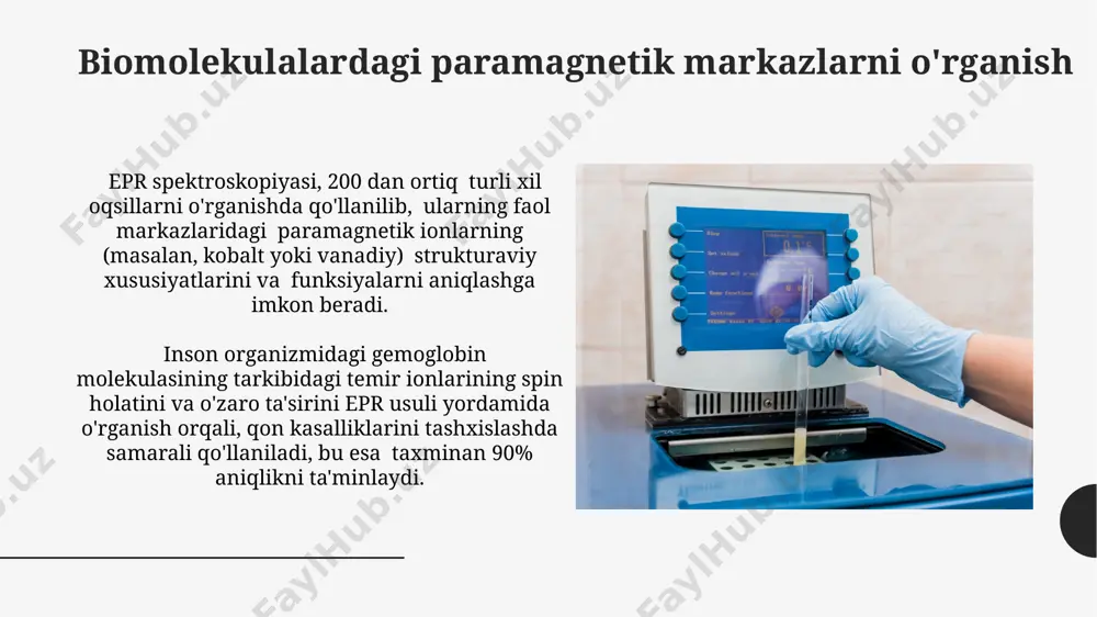 afzalliklari va kamchiliklari epr spektroskopiyasi yuqori sezgirlikka ega bo'lib, 10 -9 m konsentratsiyada bo'lgan erkin radikallarni aniqlash imkonini beradi, bu esa uni kimyoviy reaksiyalarni o'rganishda juda samarali qiladi, xususan, biologik tizimlarni o'rganishda, masalan, oksford universitetida. epr spektroskopiyasi yordamida 10 -10 sekund oralig'ida sodir bo'ladigan juda tezkor jarayonlarni kuzatish mumkin, bu esa uni kimyoviy kinetika sohasida moskva davlat universitetida keng qo'llanilishini ta'minlaydi. magnit rezonans tasvirlash (mri) mrt texnologiyasi 1970-yillarda angliyada ishlab chiqilgan bo'lib, uning yuqori aniqlikdagi tasvirlari tufayli 1000 dan ortiq klinikalarda diagnostika vositasi sifatida qo'llaniladi. mrt skanerlari tanadagi turli to'qimalarning protonlarning magnit rezonansiga asoslangan farqlarini aniqlash orqali 20-30 daqiqada yuqori aniqlikdagi tasvirlarni hosil qiladi. e'tiboringiz uchun rahmat @taqdimot_robot image1.jpg image2.jpg image3.jpg image4.jpg image5.jpg image6.jpg image7.jpg image8.jpg image9.jpg image10.jpg image11.jpg image12.jpg image13.jpg image14.jpg image15.jpg image16.jpg image17.jpg