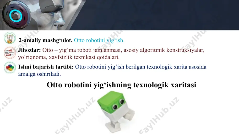 ngizga o‘rnatilgan windows sistemasining razryadiga qarab, agar windows sistemangiz 64 razryadli bo‘lsa dpinst-amd64 faylini ishga tushirib, adruno platformasi uchun drayverni o‘rnatib olasiz. agarda windows sistemangiz 32 razryadli bo‘lsa, dpinst-x86 faylini ishga tushirib, adruno platformasi uchun drayverni o‘rnatib olasiz. this presentation uses a free template provided by fppt.com www.free-power-point-templates.com 3. shundan so‘ng c: yoki d: diskka ko‘chirib olingan arduino – 1.7.10 dasturi setup.exe faylini ishga tushirib, drayverni o‘rnatib olasiz. 4. kompyuteringiz ekranida hosil bo‘lgan arduino dasturi oynasi bo‘yicha ko‘rsatilgan ketma-ketlikda ishlarni bajaring. eslatma. qо‘shimcha ma’lumotlar olish uchun https://www.instructables.com/id/ otto-build-you-own-robot-in-two-hours/ saytidan foydalanishingiz mumkin. this presentation uses a free template provided by fppt.com www.free-power-point-templates.com 1-qadam arduino dasturi oynasi this presentation uses a free template provided by fppt.com www.free-power-point-templates.com 2-qadam arduino dasturi oynasida joylashgan menyular qatoridan инструменты – порт – comni belgilab olasiz. this presentation uses a free template provided by fppt.com www.free-power-point-templates.com 3-qadam arduino dasturi oynasida joylashgan menyular qatoridan инструменты – плата – …