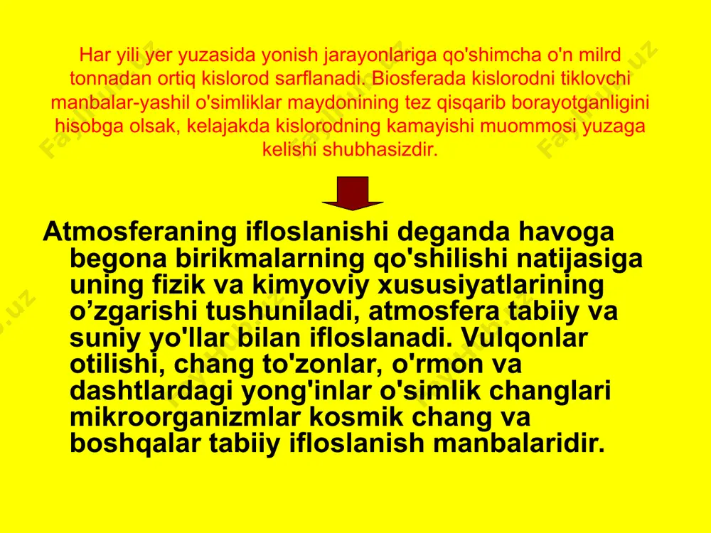 g tushib ketishi bilan ham bevosita bog'liqdir. neft va gaz sanoatida chiqindi gazlarning atmosfera havosiga tarqalishi neft va gaz sanoatida chiqindi gazlarning atmosfera havosiga tarqalishi neftni tozalash. neftni tarkibida oltingugurt, organik uglevodorodlar, anorganik birikmalar, ishqoriy va ishqoriy yer metallari bo`ladi. neftni tozalash va qayta ishlashda turli uglevodorodlar-reaktiv yoqilg`i, mazut, bitum neft ximiyaviy sanoat uchun olinadi. neftni qayta ishlashda past sifatli neftni yonishi havoni ifloslaydi. mash‘alani yonish rejimi buzilishi natijasida mayda qurum zarrachalari hosil bo`ladi, shuningdek katalitik krekinglashda atmosferaga qattiq zarrachalar tushadi. neftni tozalash. bundan 20 yilgi ma‘lumotlarga ko`ra dunyo bo`yicha neftning yer ostidagi taxminiy zahirasi 250-270 mlyard tonnani, tabiiy gazning zahirasi 200 trillion m3 ni tashkil qilgan. shundan 90 – 95 mlryad tonna neft zahirasi va 60 trillion m3 gaz zahirasi qidirib aniqlangan
