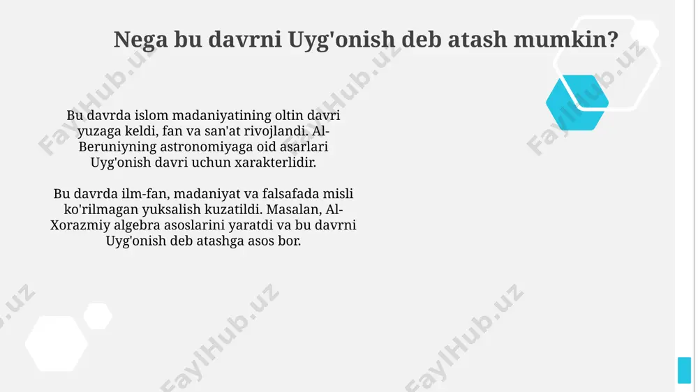 'lgan, ammo g'arb uyg'onish davri ko'proq individualizmga, markaziy osiyo madaniy yuksalishi esa ko'proq jamoaviylikka 3-asoslangan edi. g'arbda antik davr merosi qayta kashf etilgan bo'lsa, markaziy osiyoda ilm-fan rivoji 9-12-asrlarda o'zining 1-oltin davrini boshidan kechirdi, diniy e'tiqodlar o'zgarmay qoldi. tanqidiy qarashlar va munozaralar tanqidiy qarashlar islom falsafasining 9-12-asrlarda rivojlanishi bilan bog'liq bo'lib, mu'taziliylar maktabi aqliy dalillarga urg'u bergan. fikriy bahslar sufizmning ortodoksal islom bilan o'zaro ta'sirida namoyon bo'lgan, bu esa zohidlik va diniy amaliyotlar haqida munozaralarni keltirib chiqardi. san'at va me'morchilikdagi yangiliklar ganch o'ymakorligi 11-12-asrlarda interyerlarni bezashda keng qo'llanilgan bo'lib, geometrik naqshlar va o'simlik ornamentlari bilan ajralib turardi. me'morchilikda g'ishtdan foydalanishning kengayishi, pishiq g'isht terish uslublari va naqshlarning 10-12-asrlarda rivojlanishi binolarning mustahkamligini oshirdi. bugungi kunda bu davrning ahamiyati ushbu davr madaniyati, ayniqsa, 10-11 asrlarda yaratilgan merosimiz, bugungi kunda turizm sohasini rivojlantirish uchun 30 dan ortiq qadimiy obidalarni o'z ichiga oladi. bu davrda ilm-fan, xususan, tibbiyot, matematika va astronomiya sohalarida erishilgan yutuqlar, …