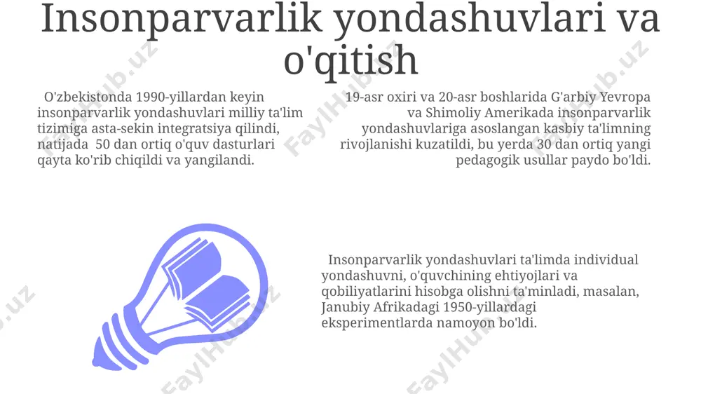 'qitish samaradorligini yaxshiladi. 1960-yillarda aqshda kognitiv psixologiyaning taraqqiyoti o'quv jarayonlarini modellashtirishga yangi yondashuvlarni, xususan, ma'lumotlarni qayta ishlash nazariyalari asosida, ta'lim strategiyalarining samaradorligini oshirishga olib keldi. sanoat inqilobi va o'qitishning rivojlanishi 19-asrning ikkinchi yarmida germaniyada kimyo va muhandislik sohalarida rivojlangan ta’lim tizimi yaratildi, bu esa ularning jahon bozorida raqobatbardoshligini ta’minladi va 20-asr boshidagi sanoat yutuqlariga asos bo'ldi. sovet davrida, 1930-yillarda, o'zbekistonda sanoatlashtirish jarayoni bilan bog'liq holda ko'plab kasb-hunar kollej va texnikumlar tashkil etildi, bu milliy iqtisodiyotni rivojlantirishga katta hissa qo'shdi. sanoat inqilobining 18-asr oxiri va 19-asr boshlarida buyuk britaniyada boshlanishi, texnologiyalar rivojiga moslashgan ishchi kuchini tayyorlash zaruratini tug'dirdi va buning natijasida kasb-hunar maktablari soni sezilarli darajada o'sdi. xx asr boshlarida o'qitish tizimlari 1920-yillarda, germaniyada, psixologiya sohasidagi yutuqlar o'quv jarayonlarini takomillashtirishga, xususan, o'quvchilarning individual farqlarini hisobga olishga yo'naltirilgan yangi o'quv uslublarining paydo bo'lishiga olib keldi. xx asr boshlarida, amerika qo'shma shtatlarida, ishlab chiqarishning jadal o'sishiga javoban, 1910-yillarda kasbiy-texnik ta'lim dasturlari keng miqyosda …