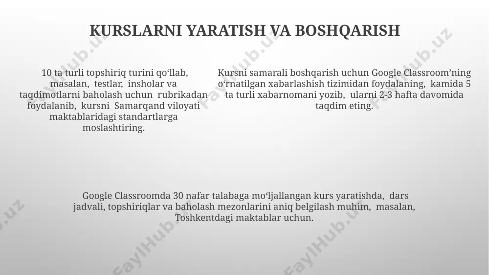 i talabalar bilan real vaqt rejimida muloqot qilish mumkin. sinfdagi muloqotni yaxshilash uchun google classroom fayllarni, 200 mb gacha bo'lgan hujjatlarni va rasm, video kabi multimedia materiallarini baham ko'rish imkonini beradi. google classroomda 100 dan ortiq o'quvchilar bilan 5 ta turli xil guruh yaratish va ular bilan o'zbekistonning har qanday hududidan, masalan, samarqanddan, onlayn muloqot qilish imkoniyati mavjud. asosiy interfeys va funksiyalar baholar bo‘limida, o‘qituvchilar 50 tagacha turli topshiriqlar va sinovlarni yaratib, tokio kabi yirik shaharlardagi o‘quvchilarning ishlarini baholashlari mumkin, bu esa 10 balllik shkala yordamida baholashni soddalashtiradi. google classroom interfeysi, 4 ta asosiy bo‘limdan: ogohlantirishlar, darslar, baholar va odamlar ro‘yxatidan iborat bo‘lib, foydalanuvchilarga 20 dan ortiq turli mamlakatlardan kelgan talabalar bilan osongina aloqa qilish imkonini beradi. google classroom interfeysi, 4 ta asosiy bo‘limdan: ogohlantirishlar, darslar, baholar va odamlar ro‘yxatidan iborat bo‘lib, foydalanuvchilarga 20 dan ortiq turli mamlakatlardan kelgan talabalar bilan osongina aloqa qilish imkonini beradi. e'tiboringiz uchun rahmat @taqdimot_robot …