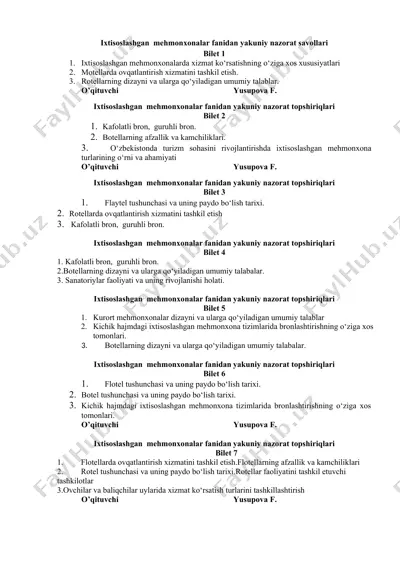 ixtisoslashgan mehmonxonalar fanidan yakuniy nazorat savollari — DOCX