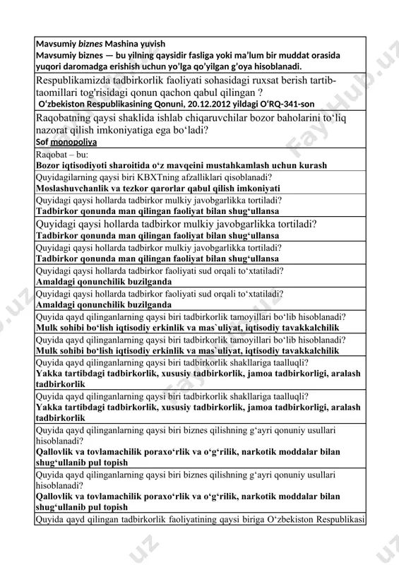 langan korxona tushuniladi selfwash car bu qanaqa biznes ? mavsumiy biznes mashina yuvish mavsumiy biznes — bu yilning qaysidir fasliga yoki ma’lum bir muddat orasida yuqori daromadga erishish uchun yo’lga qo’yilgan g’oya hisoblanadi. respublikamizda tadbirkorlik faoliyati sohasidagi ruxsat berish tartib-taomillari tog'risidagi qonun qachon qabul qilingan ? o‘zbekiston respublikasining qonuni, 20.12.2012 yildagi o‘rq-341-son raqobatning qaysi shaklida ishlab сhiqaruvсhilar bozor baholarini to‘liq nazorat qilish imkoniyatiga ega bo‘ladi? sof monopoliya raqobat – bu: bozor iqtisodiyoti sharoitida o‘z mavqeini mustahkamlash uchun kurash quyidagilarning qaysi biri kbxtning afzalliklari qisoblanadi? moslashuvchanlik va tеzkor qarorlar qabul qilish imkoniyati quyidagi qaysi hollarda tadbirkor mulkiy javobgarlikka tortiladi? tadbirkor qonunda man qilingan faoliyat bilan shug‘ullansa quyidagi qaysi hollarda tadbirkor mulkiy javobgarlikka tortiladi? tadbirkor qonunda man qilingan faoliyat bilan shug‘ullansa quyidagi qaysi hollarda tadbirkor mulkiy javobgarlikka tortiladi? tadbirkor qonunda man qilingan faoliyat bilan shug‘ullansa quyidagi qaysi hollarda tadbirkor faoliyati sud orqali to‘xtatiladi? amaldagi qonunchilik buzilganda quyidagi qaysi hollarda tadbirkor faoliyati sud …