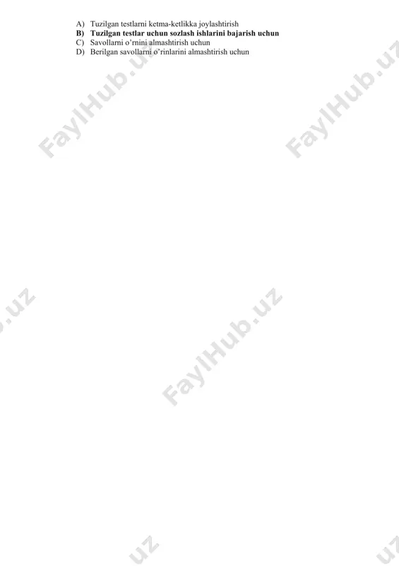 теста bo’limida necha xil test tayyorlash usullari mavjud? a) 11 xil b) 12 xil c) 10 xil d) 13 xil 26. ispring suite dasturida tayyorlangan test savollarini qaysi buyruq orqali ishchi xolatini ko’rish mumkin? a) плеер b) свойства c) просмотр d) публикация 27. ispring suite dasturida вопрос теста bo’limidagi ввод строки bo’limida qanday usuldagi testlarni tayyorlash mumkin? a) testda to’g’ri yoki noto’g’ri savol berish orqali b) savollarni bir turini tanlash yordamida c) savollarni ber nechtasini tanlash yordamida d) savolga mos javobni yozish orqali 28. ispring suite dasturida вопрос теста bo’limidagi соответствие bo’limida qanday usuldagi testlarni tayyorlash mumkin? a) berilgan savollarga mos javoblarni birlashtirish b) savollarni bir turini tanlash yordamida c) savollarni ber nechtasini tanlash yordamida d) savolga mos javobni yozish orqali 29. ispring suite dasturida вопрос теста bo’limidagi порядок bo’limida qanday usuldagi testlarni tayyorlash mumkin? a) berilgan savollarga mos javoblarni birlashtirish b) savollarni bir turini tanlash yordamida c) berilgan savolga …