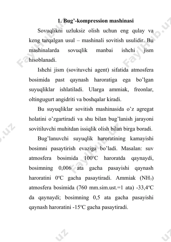 hidir. mashina yordamida uzluksiz sovitish uchun ishchi jism (sovitish agenti) sovitish siklini bajarishi kerak. shunday sikllardan biri – кarno sikli 2-rasmda ko’rsatilgan. кarno sikli ikkita izoterma va ikkita adiabatadan tashkil topgan. 4-1 izotermik jarayonida ishchi jismga issiqlik beruvchidan issiqlik beriladi, bunda uning harorati to o’zgarmaydi. ishchi jism 1-2 adiabatik siqish jarayonida atrof-muhit bilan issiqlik almashinmaydi va ishchi jism harorati to dan t gacha ko’tariladi. 2-3 izotermik jarayonida ishchi jismdan qabul qiluvchiga issiqlik uzatiladi, harorat o’zgarmay qolaveradi. 3-4 adiabatik kengayish jarayonida ishchi jism haroratini t dan to gacha pasaytiradi. rasm. sovitish mashinasi ishining prinsipial sxemasi rasm. кarnoning teskari sikli кarno siklining bajarilishi uchun issiqlik beruvchi va ishchi jism hamda issiqlik qabul qiluvchi va ishchi jism haroratlari o’rtasidagi farq nolga teng bo’lishi zarur, ya’ni t – ishchi jism va issiqlik qabul qiluvchi haroratlari. 4-1 va 2-3 issiqlik berish va olish izotermik jarayonlarining borishi uchun ikkita cheksiz katta jismlarning bo’lishi zarur (issiqlik beruvchi …
