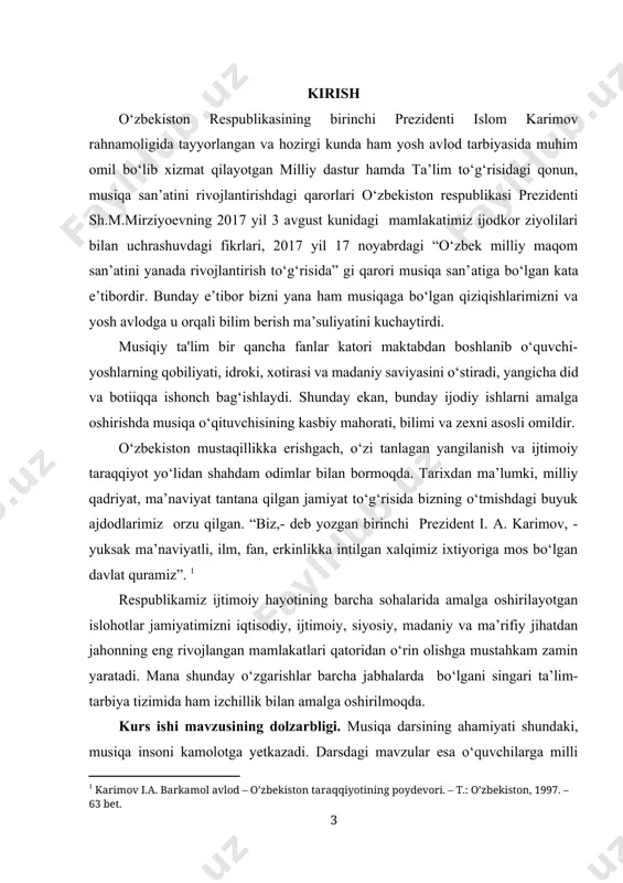 bo’ladi. –t.: o’zbekiston, 2012.- 5 b.] o‘qituvchi kasbining poydevori asosan besh fazilatdan ko‘rilgan va u muqarrar metin bo‘ltnog‘i kerak. bu yusinda biz, birinchi. uning salmoqli bilimi, ikkinchi, mustaqil ijodiy qobiliyati. uchinchi, o‘z kasbiga cheksiz sadoqati, to‘rtinchi, o‘quvchilarga bo‘lgan mehri, beshinchi, insoniy adolatliligi sifat bclgilari bilan nishonlaymiz. ma’lumki, musiqa darslari jamoa bo‘lib kuylash, musiqa savodi, musiqa tinglash kabi asosiy musiqiy faoliyatlarni o‘z ichiga oladi. darsning har bir faoliyat turida turli bolalar musiqa asboblarida chalish, kuy va qo‘shiqlarga mos raqs harakatlarini bajarish, musiqa asboblarini chalishni qo‘l harakatlari bilan taqlid qilish, chapak chalish va dirijyorlik qilish kabi elementlardan keng foydalanish darslarning yanada qiziqarli va jozibali bo‘lishini ta’minlaydi. barcha dars faoliyatlari bir-biri bilan uzviy, mantiqiy bir butunlikni vujudga kelitirishni taqozo etadi. musiqiy faoliyatlarni o‘zaro mantiqiy uyg‘unligi natijasida o‘qitishning rivojlantiruvchi, ta’limiy va tarbiyaviy vazifalari amalga oshiriladi. bugungi kunda, musiqa madaniyati darslarini ilmiy-metodik jihatdan har tomonlama takomillashtirib, zamon talabiga mos ravishda olib borish, boshlang‘ich sinf musiqa …