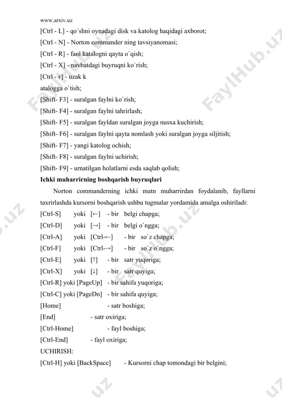 ename or move (katalogni (faylni) qayta nomlash yoki boshqa nom bilan kuchirish) ---make directory (yangi katalog ochish) ---delete (faylni, fayllar to`plamini yoki katalogi uchirish) ---file attributes (fayllar xususiyatini o`zgartirish) ---send files (fayl yoki fayllarni nc pochtasi orqali obunachilarga junatish) ---select group (umumiy belgisiga qarab fayllarni guruhga qo`shish) ---unselect group (umumiy belgisiga qarab fayllarni guruhdan chiqarish) ---quit (nc dan chiqish) (commands (nc tavsiyanomasi) ---ncd tree (faol disk kataloglarini daraxt ko`rinishini chaqirish) ---find file (joriy diskdan faylni izlash) ---history (oldin bajarilgan buyruqlar ruyxatini ekranga chiqarish) ---ega lines (ekrandagi satrlar sonini o`zgartirish) ---swap panels (chap va o`ng panellar o`rnini o`zaro o`zgartirish) ---panels onғoff (ekrandan chap va o`ng panelni olish va qo`yish) ---compare directories (chap va o`ng panellardagi kataloglarni o`zaro taqqoslash) ---sendғreseive mail (pochtani jo`natish va qabul qilish) ---commander mail (pochta almashish dasturini ishga tushirish) ---menu file edit (foydalanuvchi tavsiyanomasini tahrirlash) ---extension file edit (nc.ext faylini tahrirlash) (options (nc ish holatini belgilash) ---configuration...(nc konfeguratsiyasi …