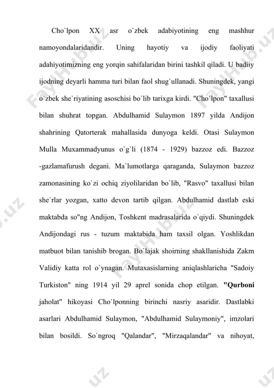o`proq shuhrat topdi. 1921 yilda buxorada yozilgan. "xalq" she`ri shoir filer qarashlarini aniqlashda benihoya muhim ahamiyatga* ega. muallif, birinchidan, xalqning buyuk kuch ekanliginiyaxshi anglaydi. ikkinchidan, o`lkaning ozod bo`lib. mustaqillik olishini uning istagi hisoblaydi. uchinchidan, ijod ahlini uning bilan hamisha birga bo`lishga, o`zi aytmoqchi " quchoq ochib xalq ichiga" kirishgaundaydi: butun kuchni xalq ichidan olaylik, quchoq ochib xalq ichiga boraylik. cho`lpon tabiati lirik shoir edi. ammo u yashagan davr shoirdan lirik qahramonning ruhiy olamidagi jilvalardan ko`ra xalq va mamlakat xayotidagi holatlarni tasvirlashni ko`proq taqozo etdi. shuning uchun ham cho`lpon siyosiy va ijtimoiy mazmun bilan yo`g`rilgan she`rlarni ko`proq yozdi va biz cho`lponni eng avvalo "ko`ngil", "kurash", "kishan", "vijdon erki" singari she`rlar muallifi sifatida bilamiz. 3.cho`lpnning dramaturgik ijodi to`g`risida baho berganda, adabiyot va teatrshunos olimlar odatda uning "mushtumzo`r", ``o`rtoq karimboyev", "yorqinoy" va "xujum" pyesalarini tilga oladilar. garchand dastlabki ikki pyesaning matni hozircha topilmagan bo`lsa - da, bu asarlarning 1928 - 1929 yillarda o`zbek …