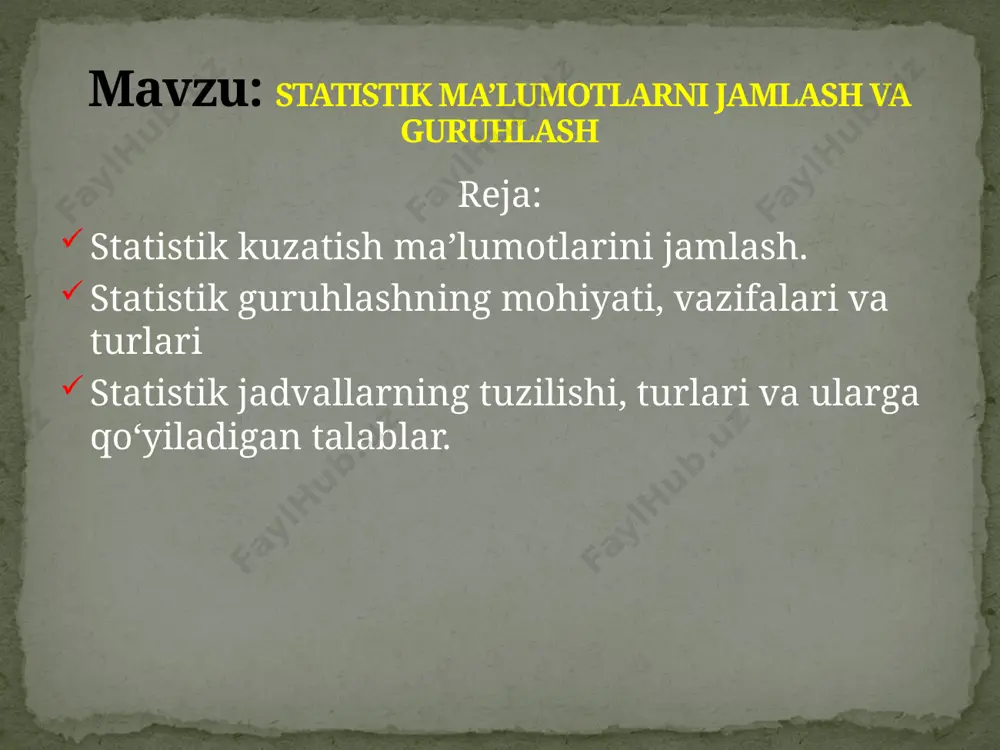 keyinchalik markazga - davlat statistika organlariga yuboriladi statistik guruhlash deb xodisa va jarayonlarni har tamonlama, chuqur o‘rganish uchun kuzatish to‘plami ma’lumotlarini muxim belgilariga qarab guruhlarga ajratishdir. masalan korxonalarni mulkchilik asosiga ko‘ra davlat, jamoa, aksiyadorlik, qo‘shma, xususiy; korxonalar guruhlarga kattaligiga qarab (kichik, o‘rta va yirik); samaradorlik darajasiga qarab (yaxshi, o‘rta va qoloq) guruhlarga ajratish mumkin. ma’lumotlarni guruhlashda eng avvalo guruhlash belgisi va oralig‘i aniqlab olinadi. guruhlash belgisi deyilganda guruhlash uchun asos qilib olingan belgi tushiniladi. guruhlash uchun asos qilib kuzatish oldiga maqsad va vazifa qilib qo‘yilgan xodisa va jarayonlarning mohiyatini to‘liq ifodalab beruvchi, zamonaviy ijtimoiy-iqtisodiy ko‘rsatkichlar mazmunini yoritib bera oladigan belgilar olinadi. miqdoriy belgilar - bu son bilan ifodalanuvchi belgilardir. sifat belgisi - o‘rganilayotgan ijtimoiy - iqtisodiy xodisalar son jihatdan ifodalash mumkin bo‘lmagan faqat mazmun yoki sifat jihatdan farq qiluvchi belgilarga aytiladi. masalan aholining millati, jinsi, kasbini ifodalovchi belgilar - sifat belgilaridir. alternativ belgi - ikki qarama-qarshi, biri-birini taqozo qilmaydigan belgilardir. …