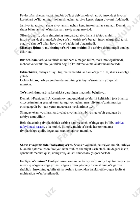 igan tarbiya ham birdek ahamiyatga ega. bu omillarning ta’sirini aniqlashda ilg’or pedagogik olimlar, psixolog va faylasuflar ta’limotiga suyaniladi. falsafada shaxsni jamiyat bilan bog’liq bo’lgan ijtimoiy hayotdagi murakkab voqelik deb qaraladi. ular individning ma’naviy boyligi uning munosabatlariga bog’liq, deb hisoblaydilar. haqiqatdan ham, shaxs mehnat faoliyati zaminida rivojlanadi, kamolga yetadi. inson sharoitni, sharoit esa odamni yaratadi. bu esa o’z navbatida inson faolligini namoyon etadi. zero, shaxs ma’lum ijtimoiy tuzum mahsulidir. jamiyat shaxs kamolotining muayyan imkoniyatlarini ro’yobga chiqarishi yoki yo’q qilishi mumkin. faylasuflar shaxsni tabiatning bir bo’lagi deb baholaydilar. bu insondagi layoqat kurtaklari bo’lib, uning rivojlanishi uchun tarbiya kerak, degan g’oyani ifodalaydi. jamiyat taraqqiyoti shaxs rivojlanishi uchun keng imkoniyatlar yaratadi. demak, shaxs bilan jamiyat o’rtasida ham uzviy aloqa mavjud. shunday qilib, odam shaxsining jamiyatdagi rivojlanishi tabiat, muhit, inson o’rtasidagi murakkab aloqa ta’siri ostida ro’y beradi, inson ularga faol ta’sir etadi va shu yo’l bilan hayoti va o’z tabiatini o’zgartiradi. shaxsga ijtimoiy muhitning ta’siri …